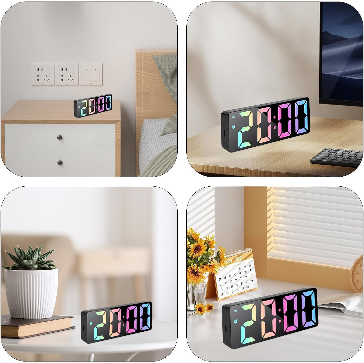 Eine schwarze Digitaluhr mit bunten LED-Zahlen zeigt 20:00 Uhr in verschiedenen Innenräumen.
