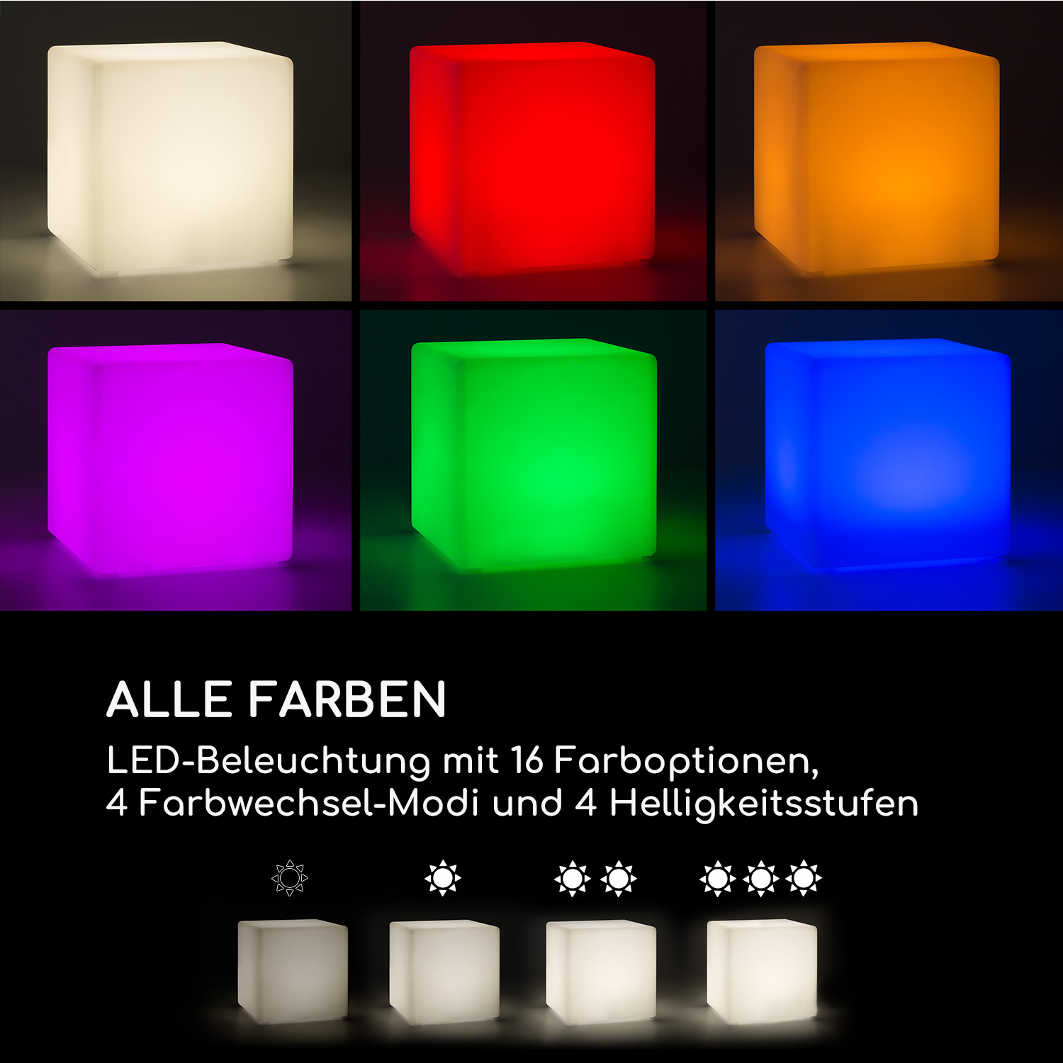 Ein LED-Leuchtwürfel in verschiedenen Farben und Helligkeitsstufen.