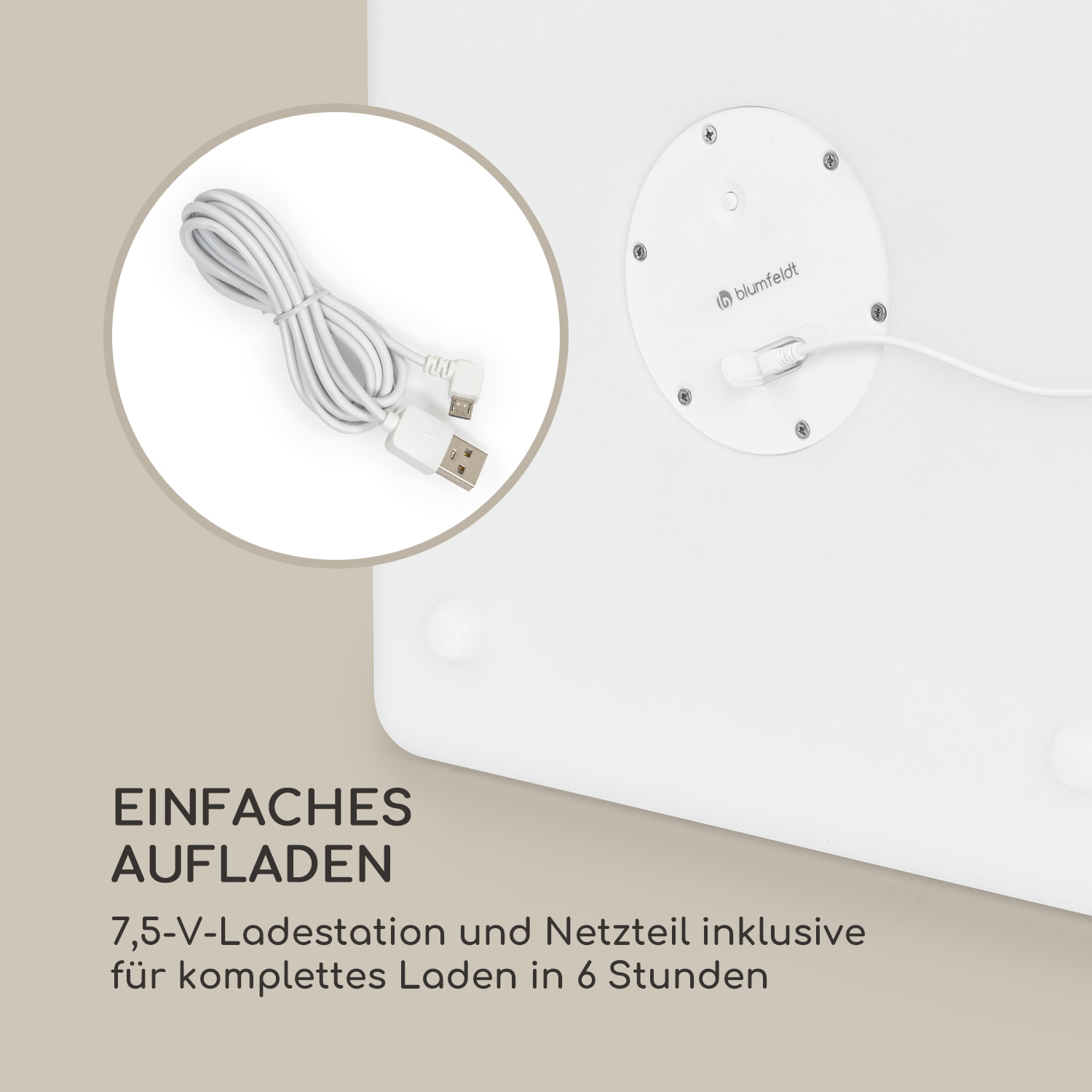 Weißes Ladekabel und Anschluss an einer runden Station auf weißem Untergrund.