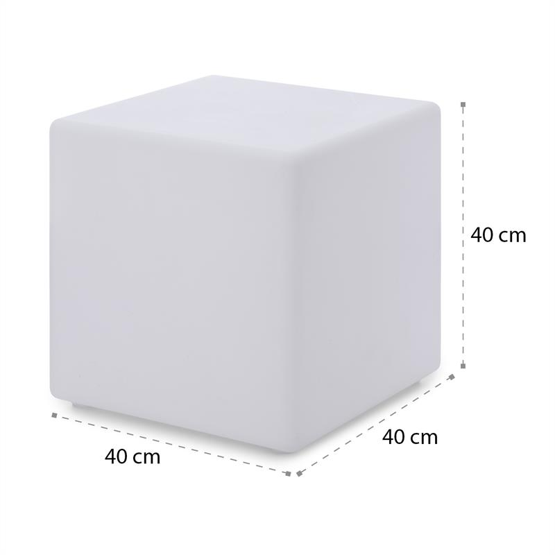 Ein weißer, quadratischer LED-Leuchtwürfel mit 40 cm Kantenlänge auf weißem Hintergrund.
