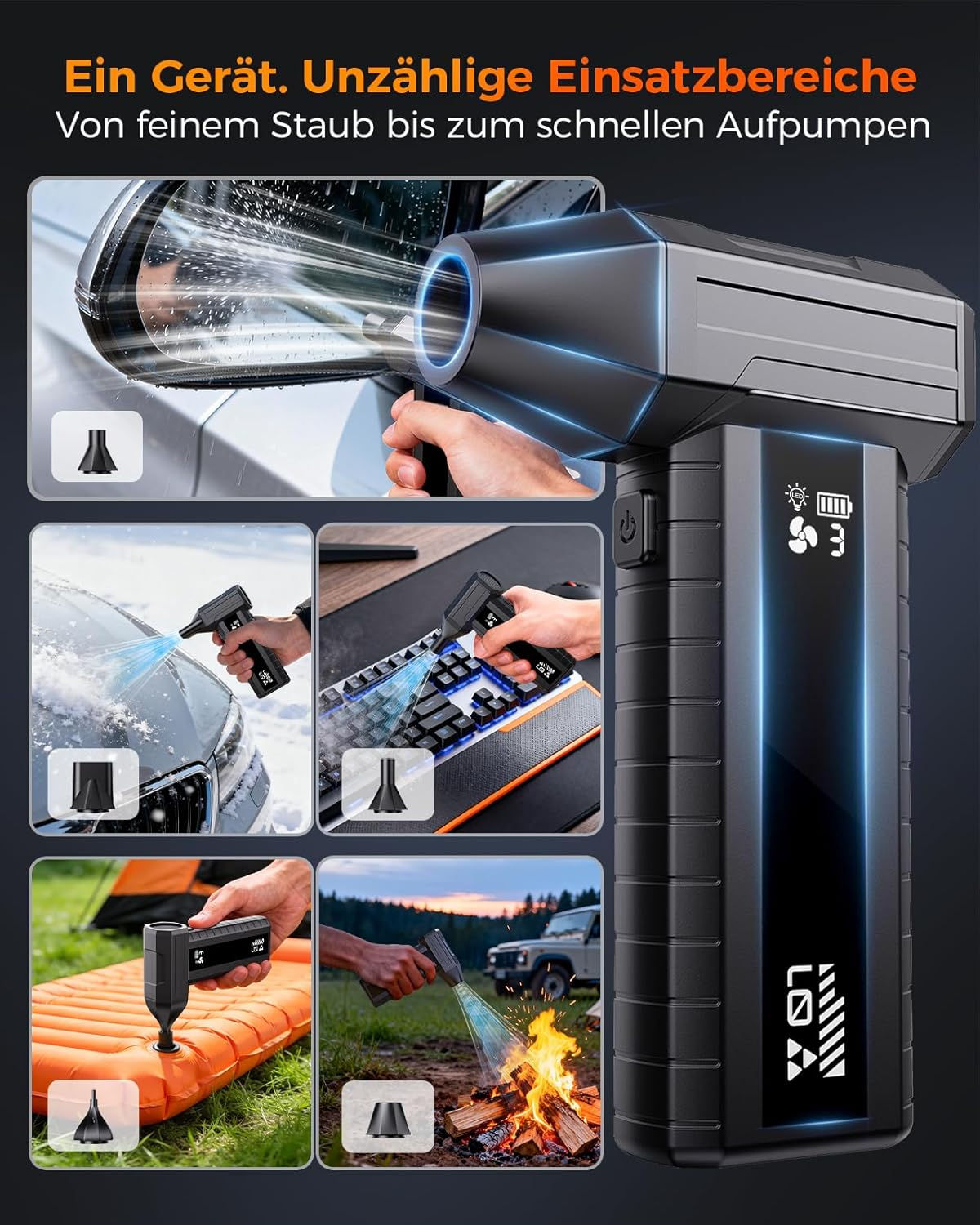 Ein tragbares schwarzes Luftgebläse mit verschiedenen Aufsätzen für Auto, Tastatur, Matratze und Lagerfeuer.
