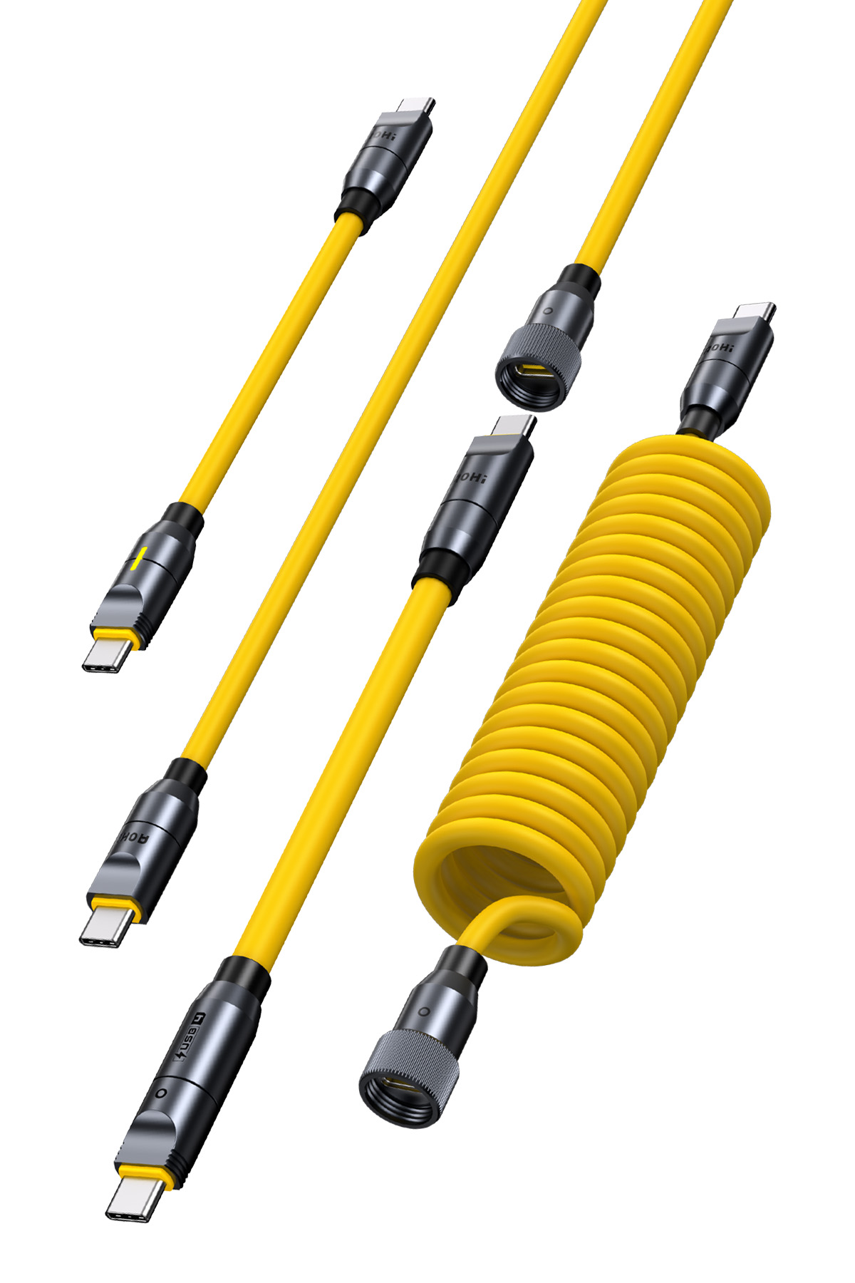 Beyaz arka planda metalik gri konnektörlü sarı USB-C kabloları ve kıvrık kablo.