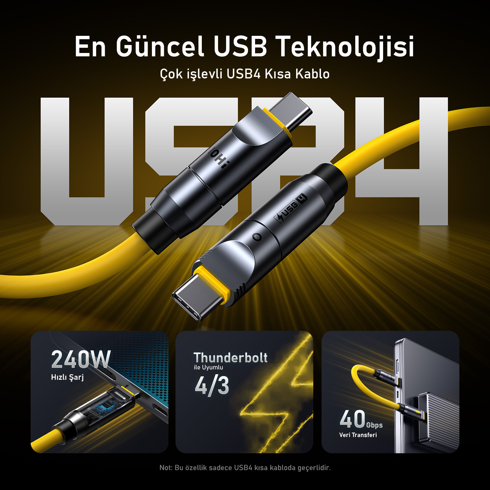 Koyu arka plan ve teknik simgeler üzerinde metal konnektörlü sarı USB4 kablosu.