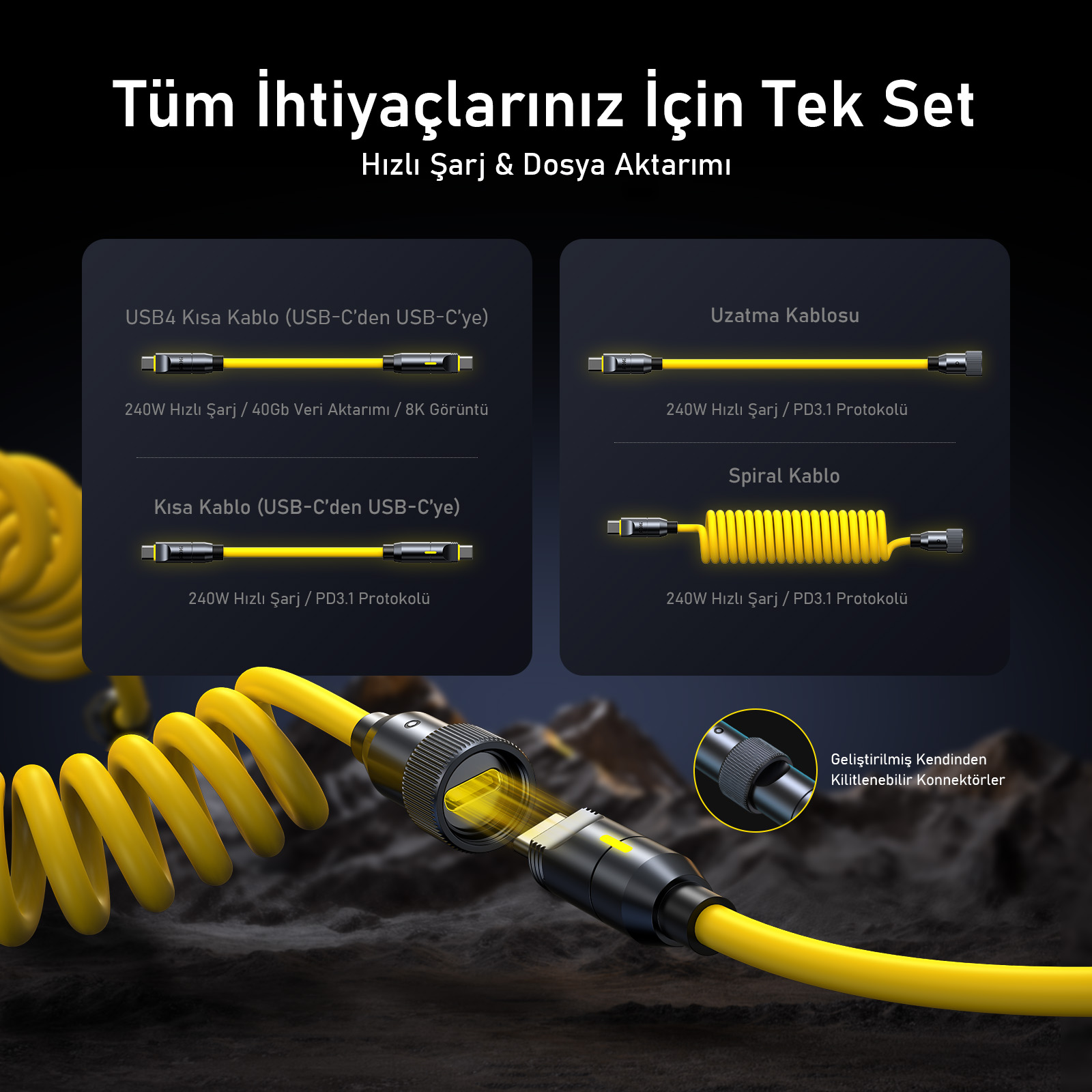 Koyu arka planda hızlı şarj ve çeşitli kablo tiplerine sahip sarı USB-C kablo seti.