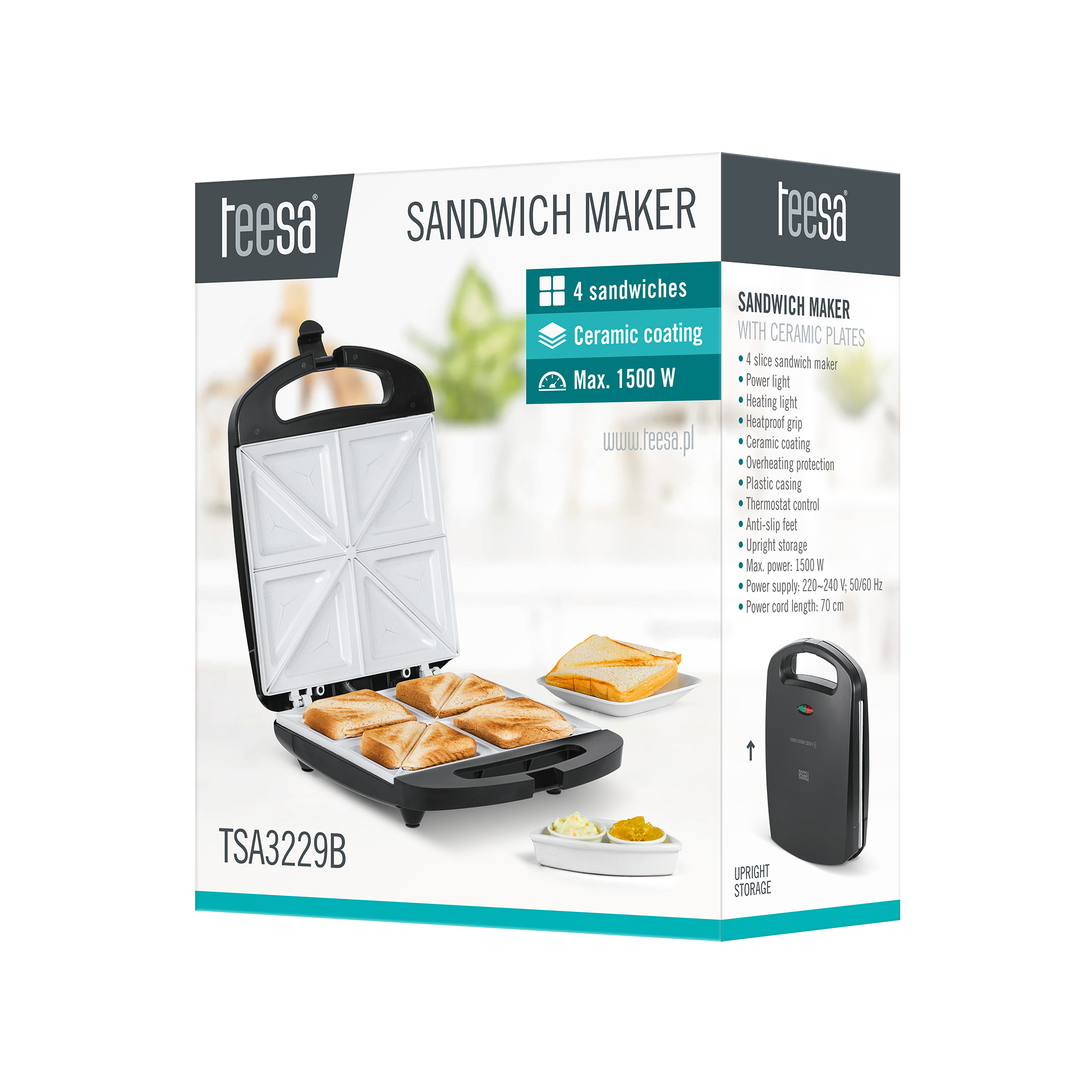 Opakowanie opiekacza do kanapek Teesa z widokiem otwartym i zamkniętym oraz tostami.