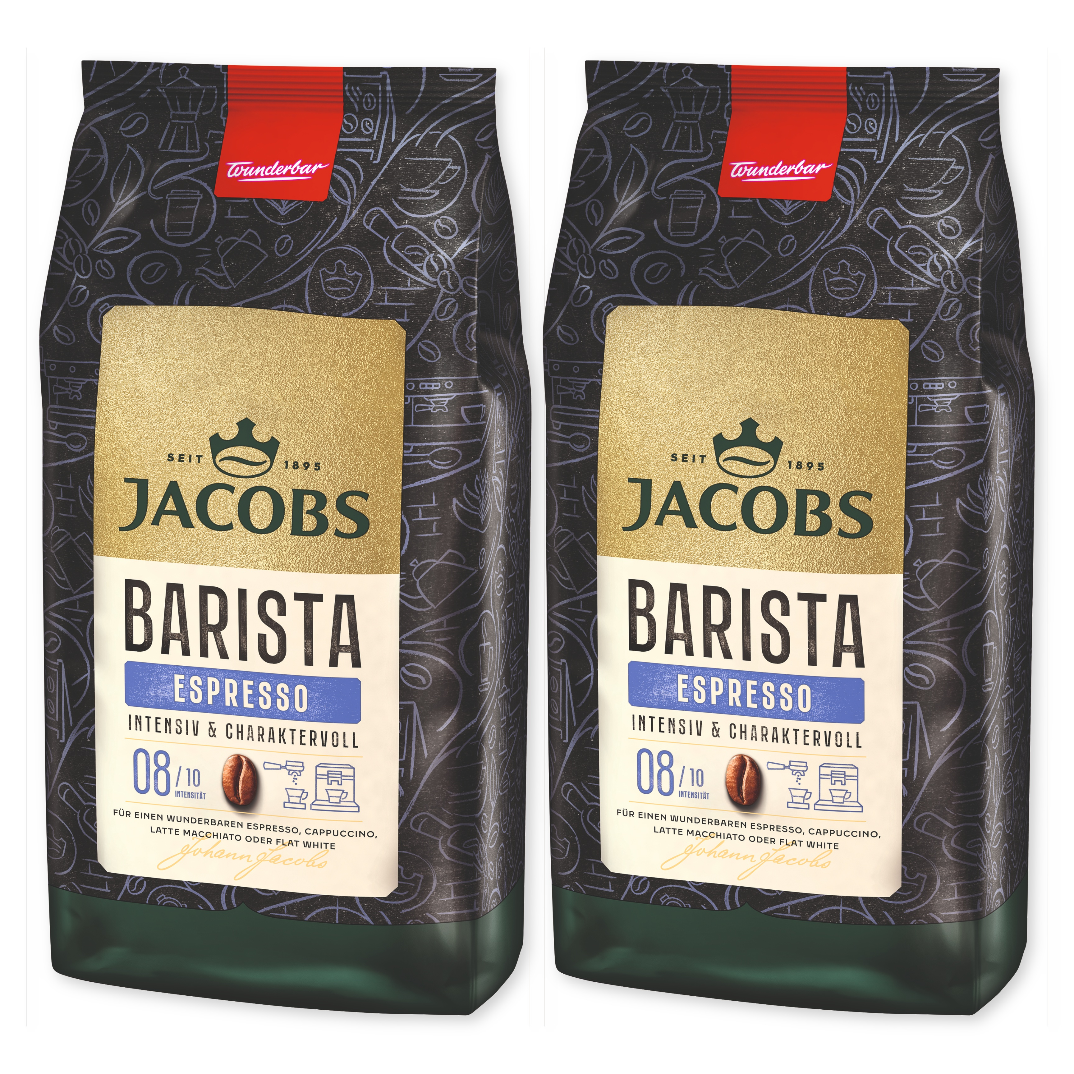 Zwei Jacobs Barista Espresso Kaffeebohnenverpackungen nebeneinander.