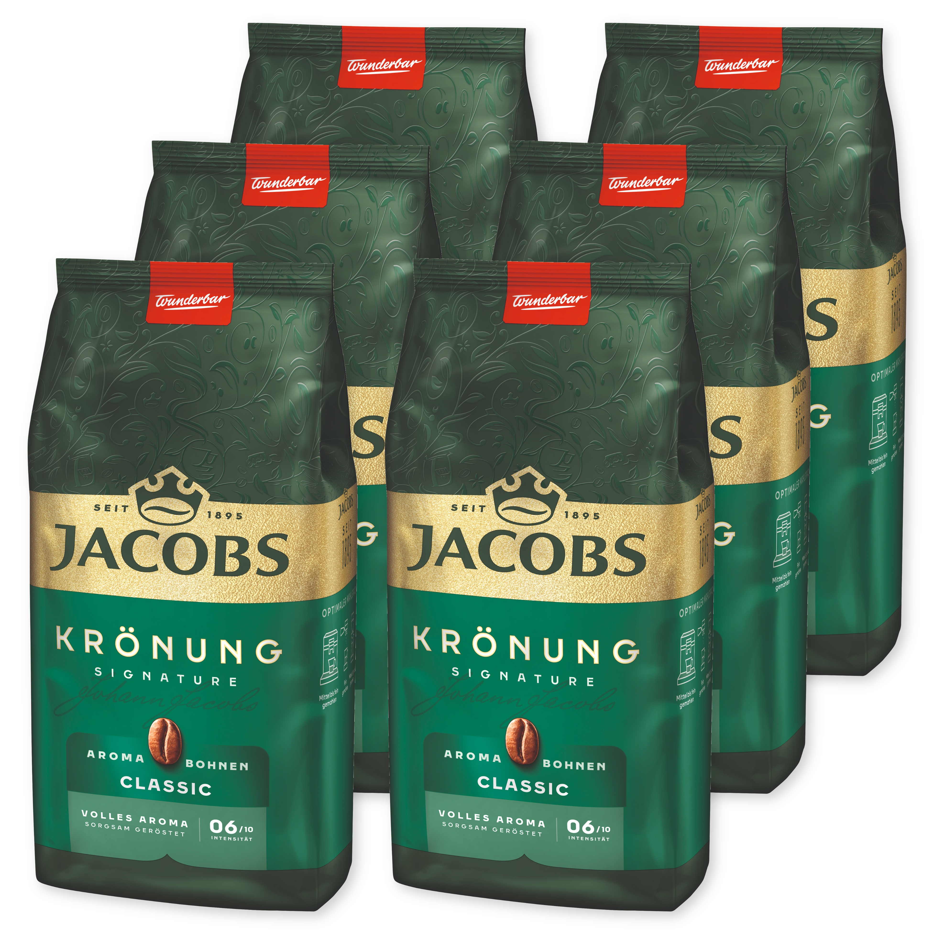 Sechs grüne Jacobs Krönung Kaffeebeutel in zwei Reihen auf weißem Grund.