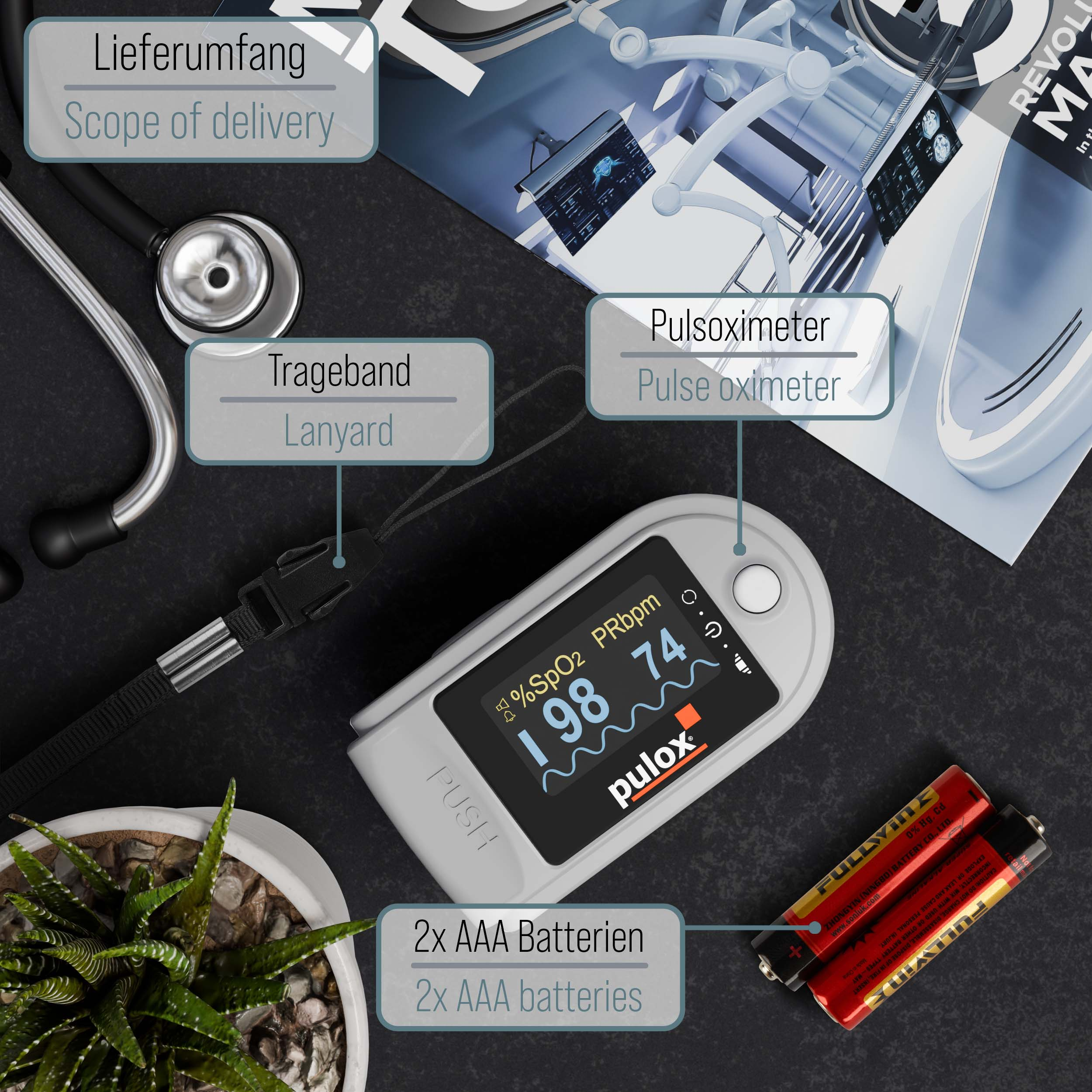 Lieferumfang: Pulsoximeter, Trageband, zwei AAA-Batterien, Stethoskop auf dunklem Grund.