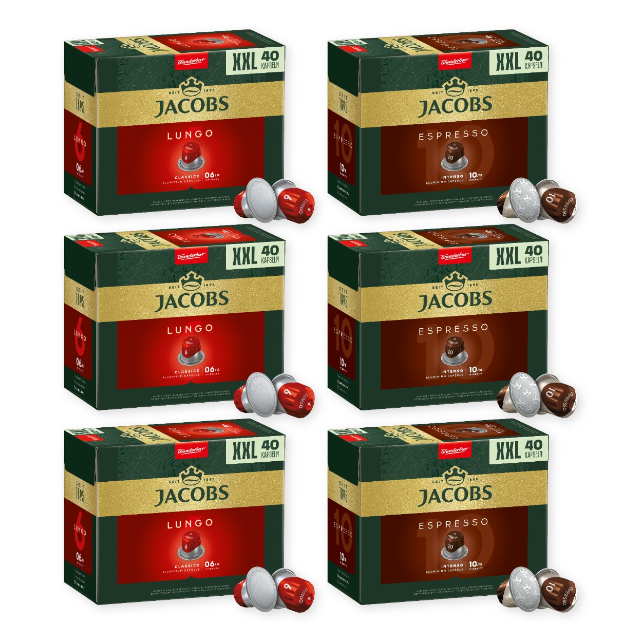 Sechs Jacobs Kaffeekapselpackungen, Lungo und Espresso, mit einzelnen Kapseln im Vordergrund.