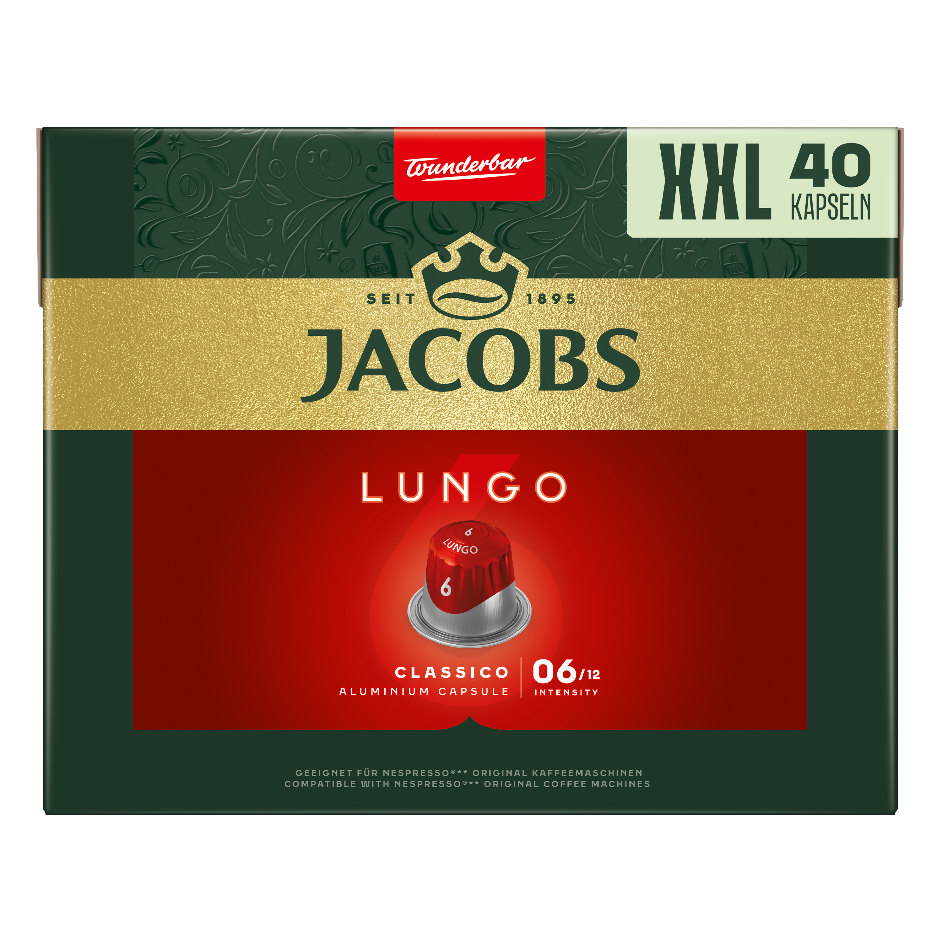 Jacobs Lungo Classico XXL Kaffeekapselverpackung in Grün, Gold und Rot mit 40 Kapseln.