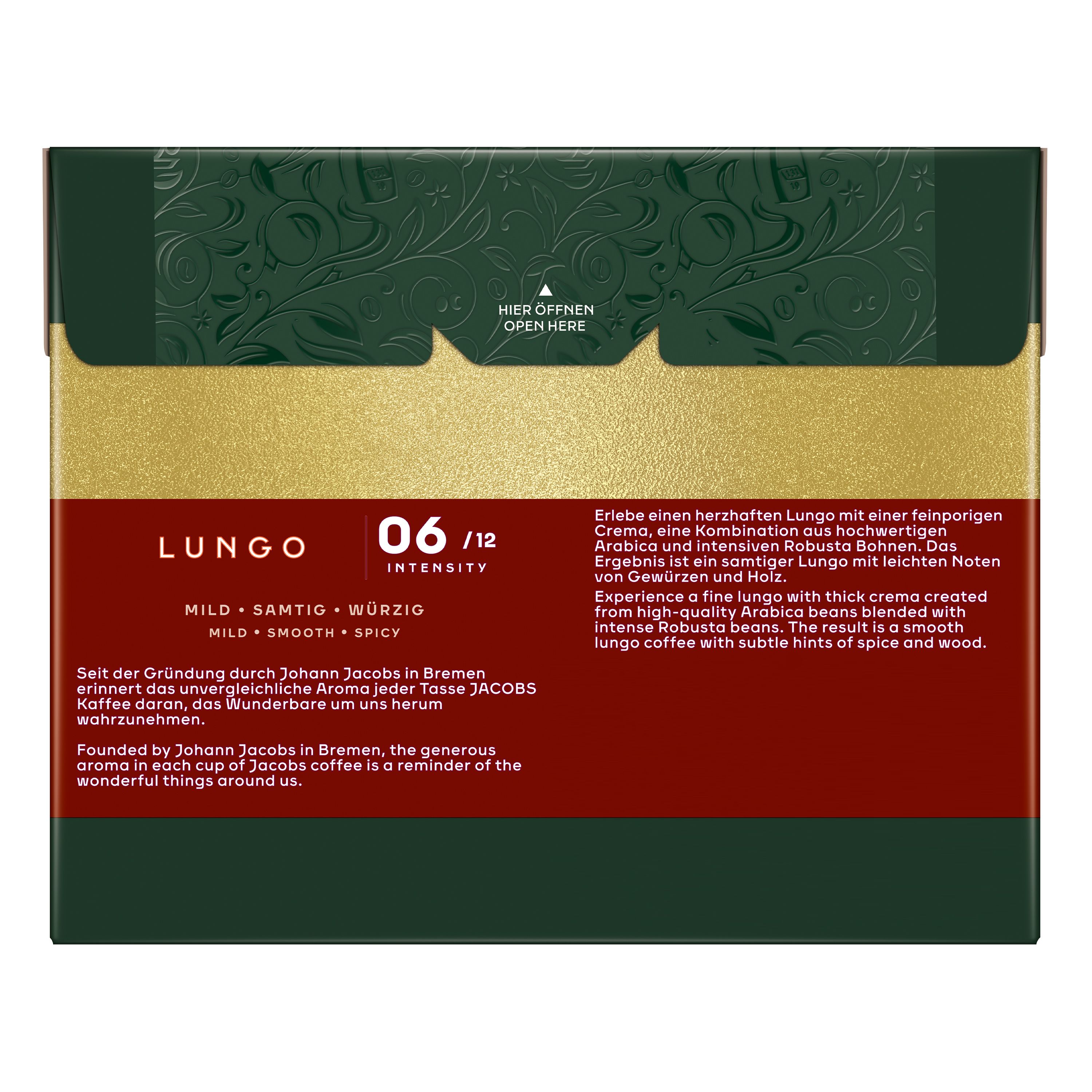 Jacobs Lungo Kaffeeverpackung, Stärke 06/12, mit grünem, goldener und dunkelrotem Design und Text.