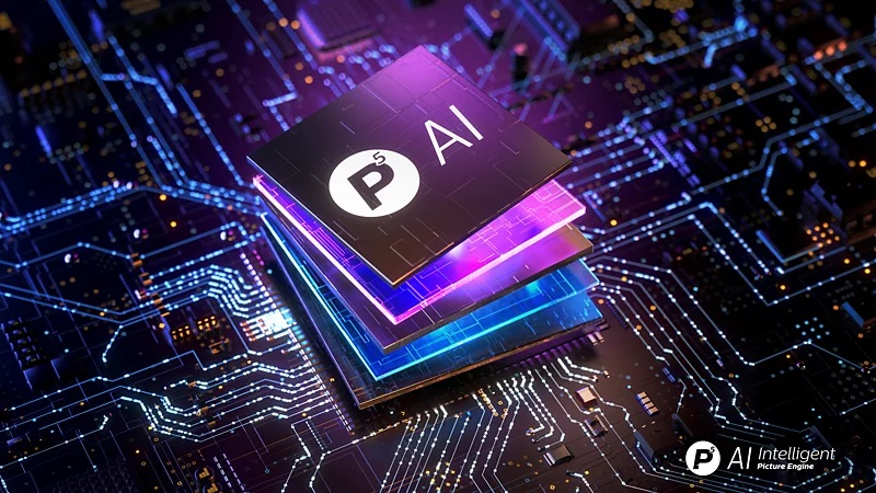 Futurystyczny chip procesora AI z warstwowymi neonami spoczywa na ciemnym tle płyty głównej.