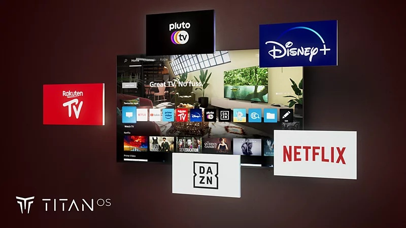 Interfejs użytkownika Titan OS na telewizorze, otoczony logo popularnych serwisów streamingowych.