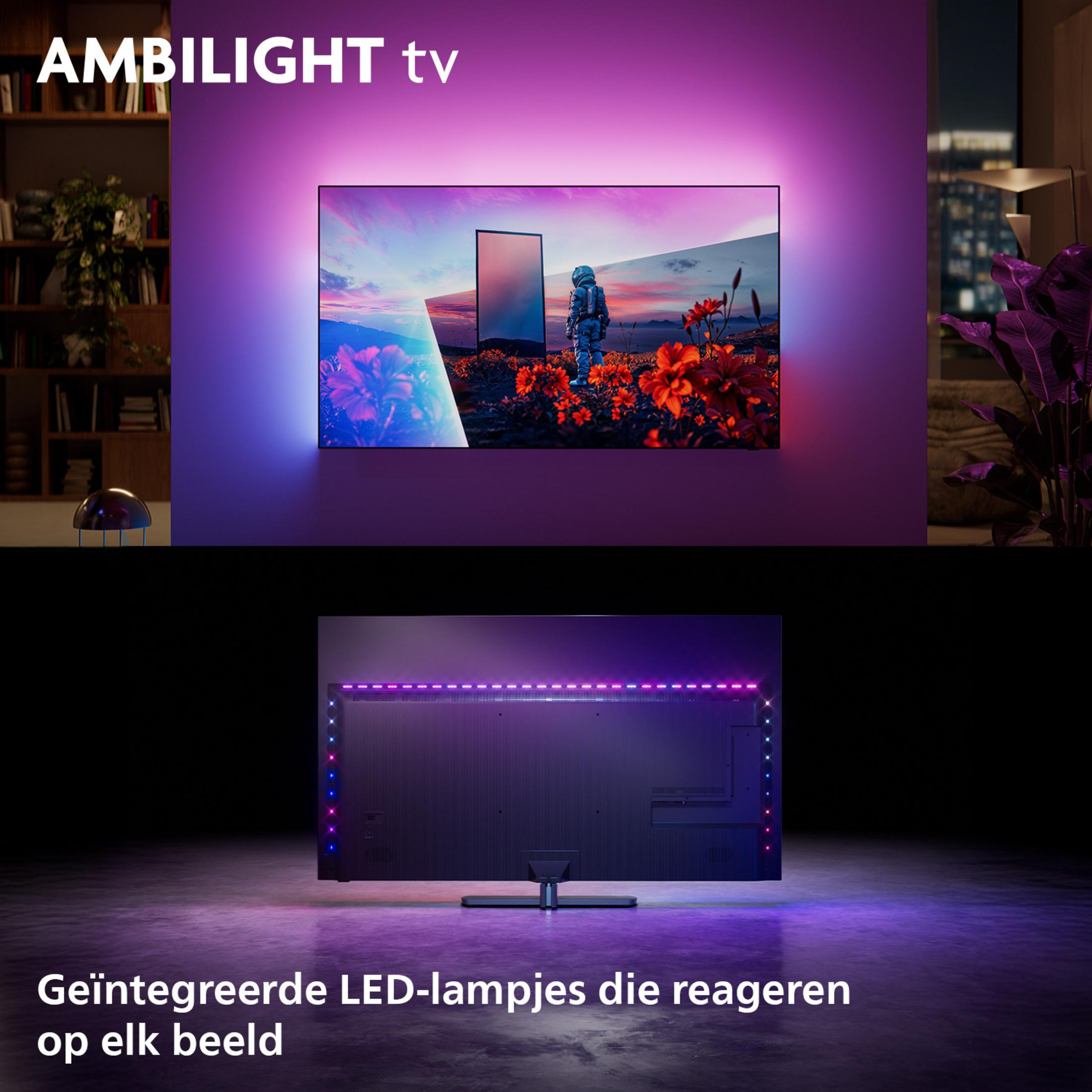 Telewizor Ambilight ze zintegrowanymi diodami LED z tyłu, pasującymi do kolorów ekranu.