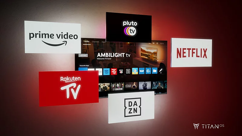 Telewizor Ambilight wyświetla ekran główny, otoczony unoszącymi się logo Netflix, Prime Video i Pluto TV.