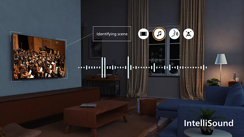 Salon z telewizorem pokazującym orkiestrę, fale dźwiękowe i logo IntelliSound.