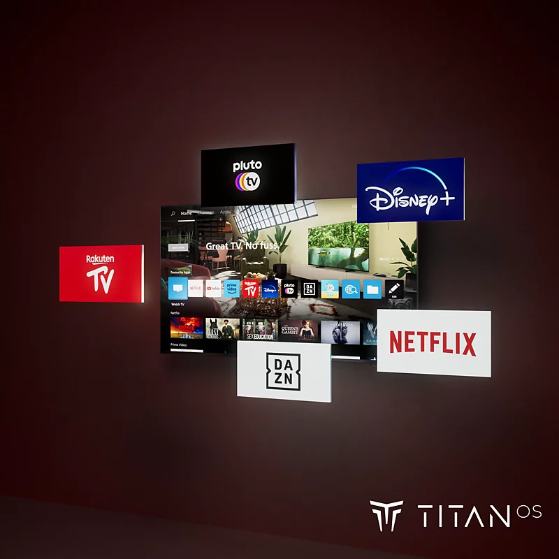 Telewizor z systemem Titan OS wyświetla loga aplikacji streamingowych, takich jak Netflix, Disney+ i Pluto TV.