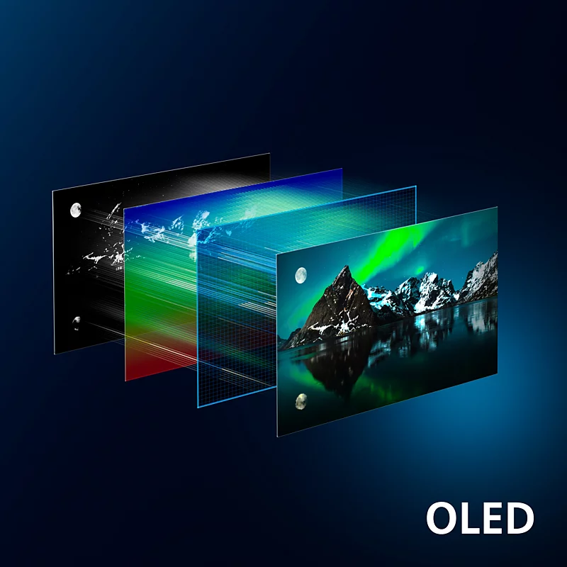 Widok rozstrzelony wyświetlaczy OLED pokazuje różne warstwy technologii tworzące kolorowe zdjęcie góry.