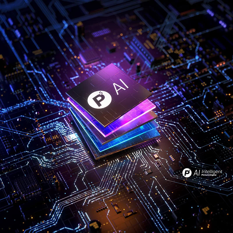 Wielowarstwowy mikrochip z napisem P5 AI na niebieskiej płytce drukowanej.