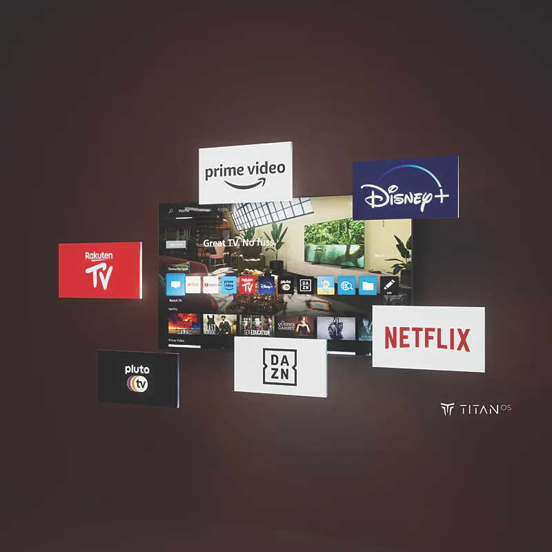 Telewizor z systemem Titan OS i unoszącymi się logo aplikacji, takimi jak Netflix i Disney+.