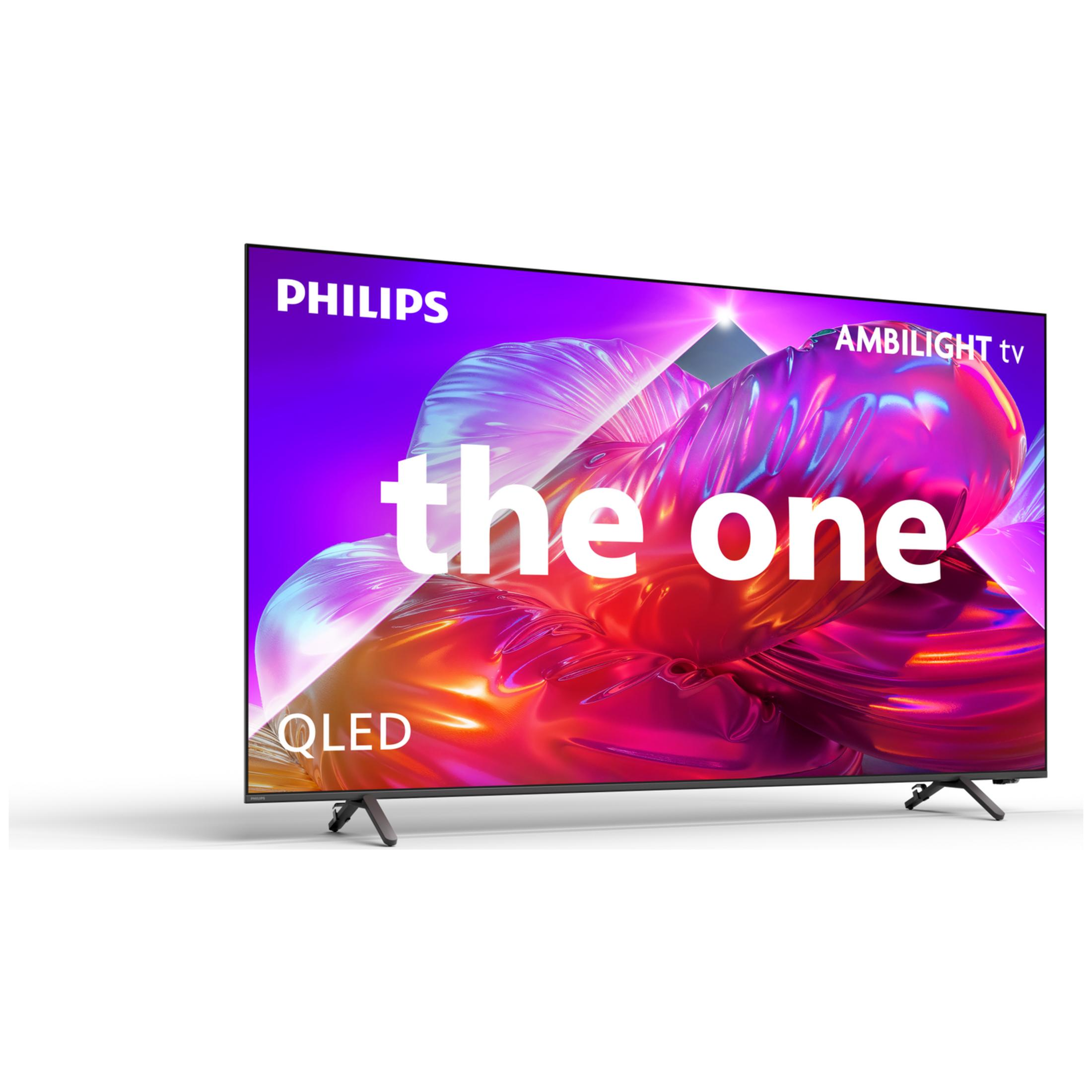 Telewizor Philips The One QLED wyświetla na ekranie kolorową, błyszczącą grafikę abstrakcyjną.