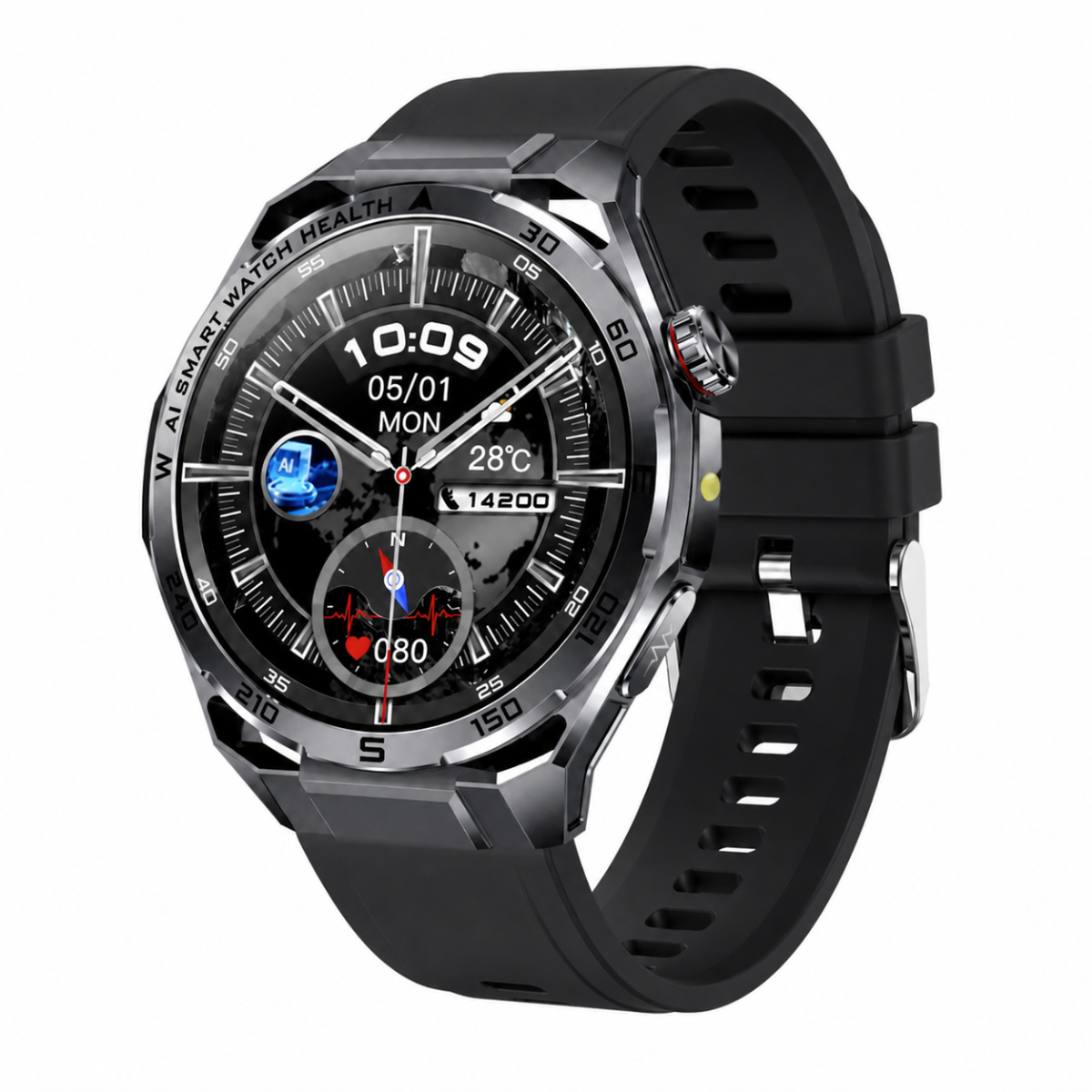Eine schwarze Smartwatch mit runder Metalllünette, Digitaldisplay und schwarzem Silikonarmband.