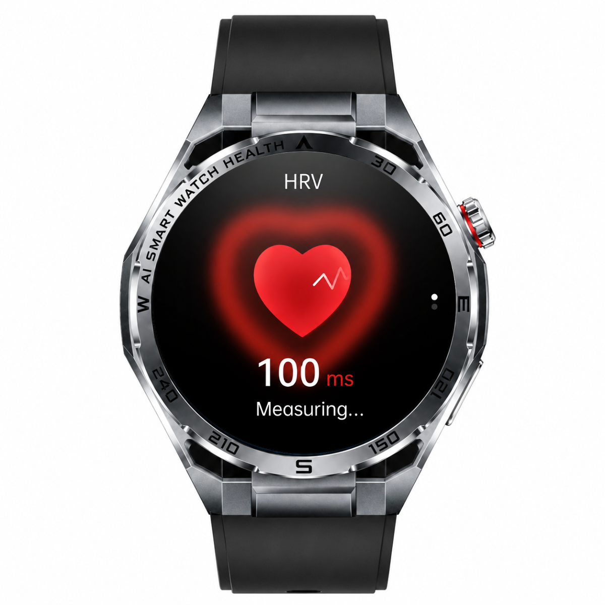 Eine Smartwatch zeigt eine HRV-Messung von 100 ms mit einem roten Herz-Symbol an.