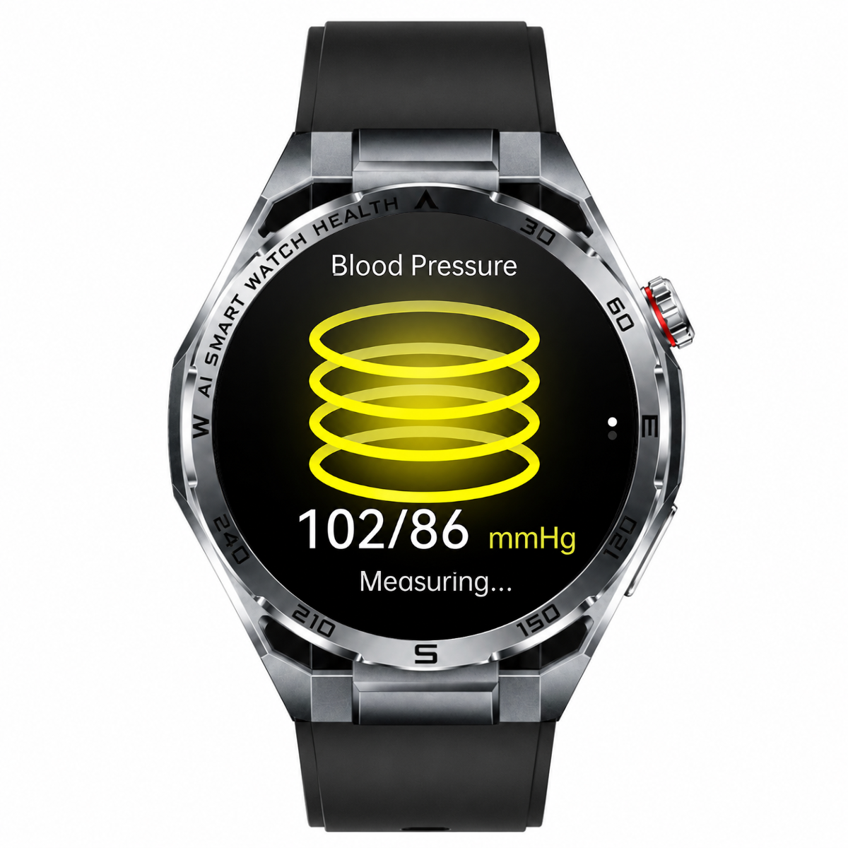 Eine Smartwatch mit silberner Metalllünette und schwarzem Armband zeigt einen Blutdruck von 102/86 mmHg an.