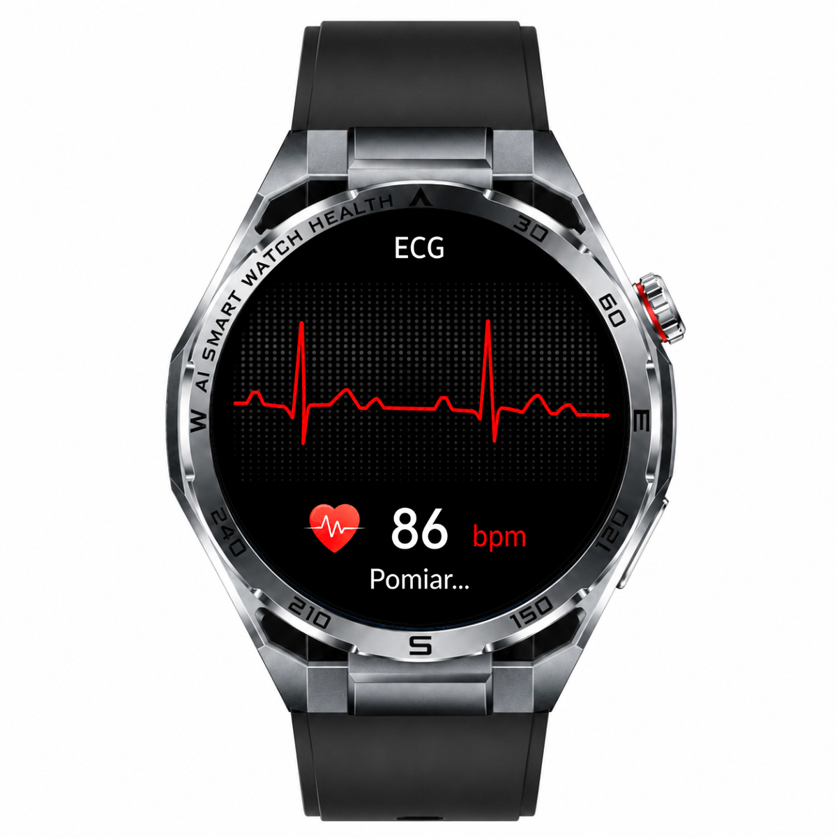 Eine Smartwatch mit silbernem Gehäuse und schwarzem Armband zeigt auf dem Bildschirm ein rotes EKG und 86 bpm.