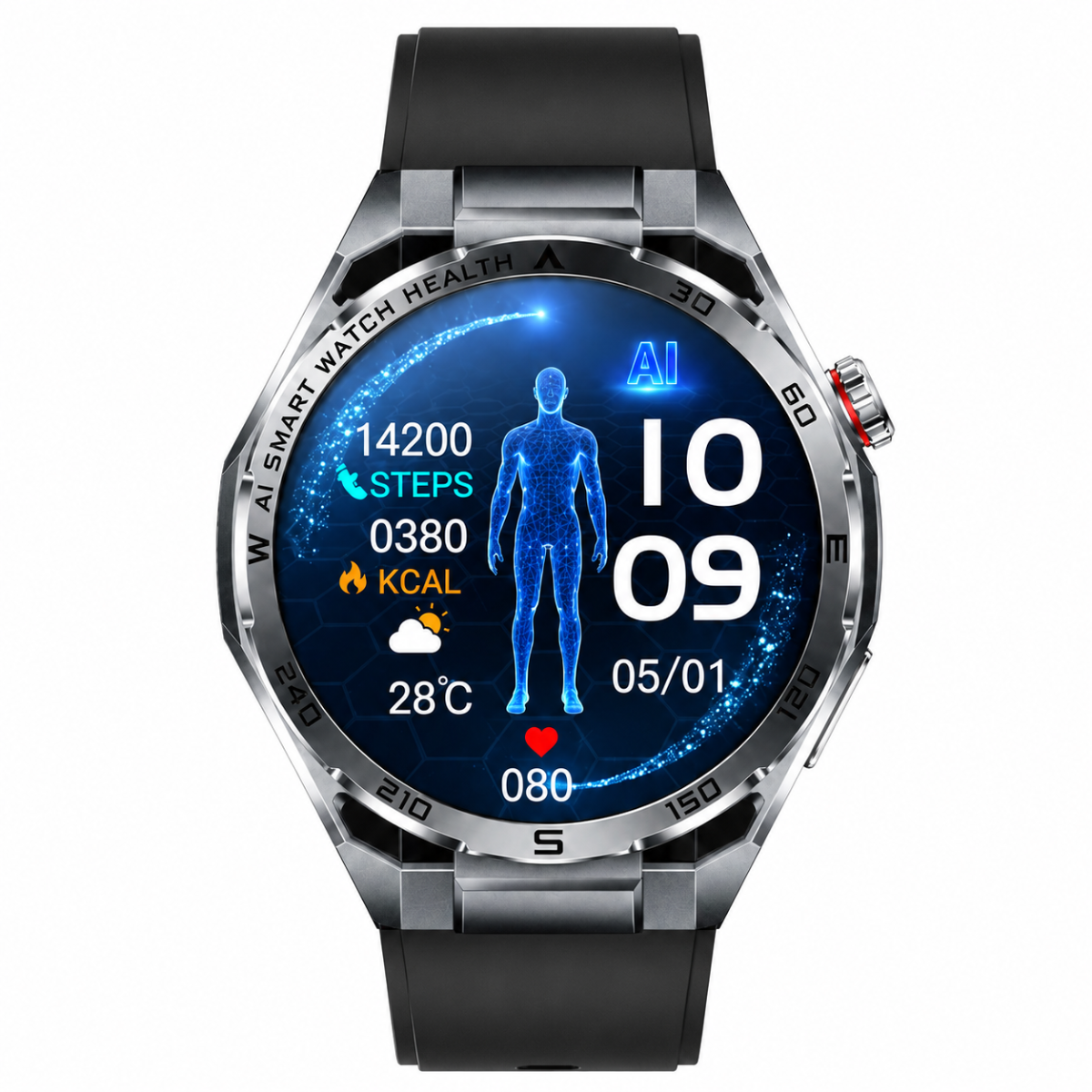 Eine elegante Smartwatch mit digitalem Display zeigt Schritte, Kalorien, Wetter und einen menschlichen Avatar.