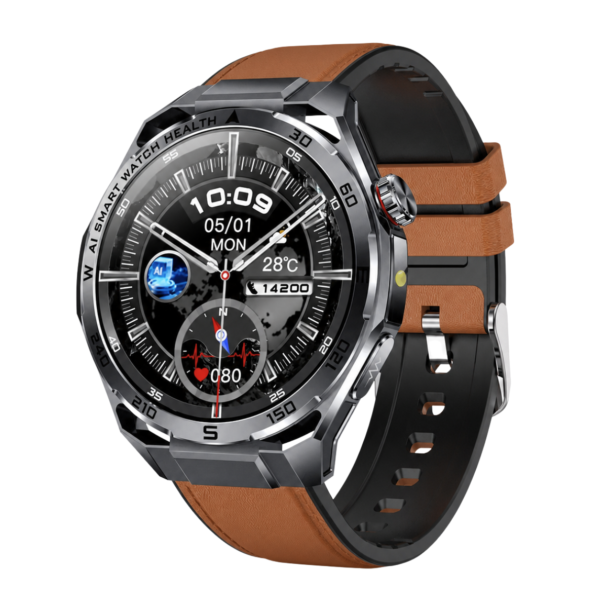 Eine schwarze Smartwatch mit silberner Lünette, digitalem Display für Zeit und Wetter sowie braunem Lederarmband.