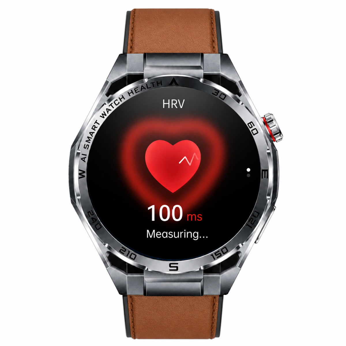 Eine Smartwatch mit braunem Lederarmband und einem Herzfrequenz-Messbildschirm mit rotem Herz.