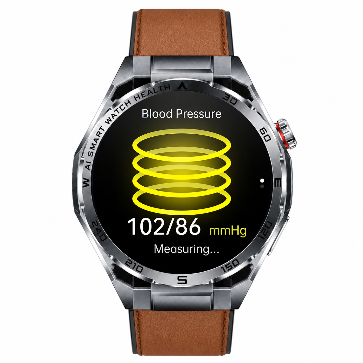 Eine Smartwatch mit braunem Lederarmband zeigt auf dem Display den Blutdruckwert 102/86 mmHg an.