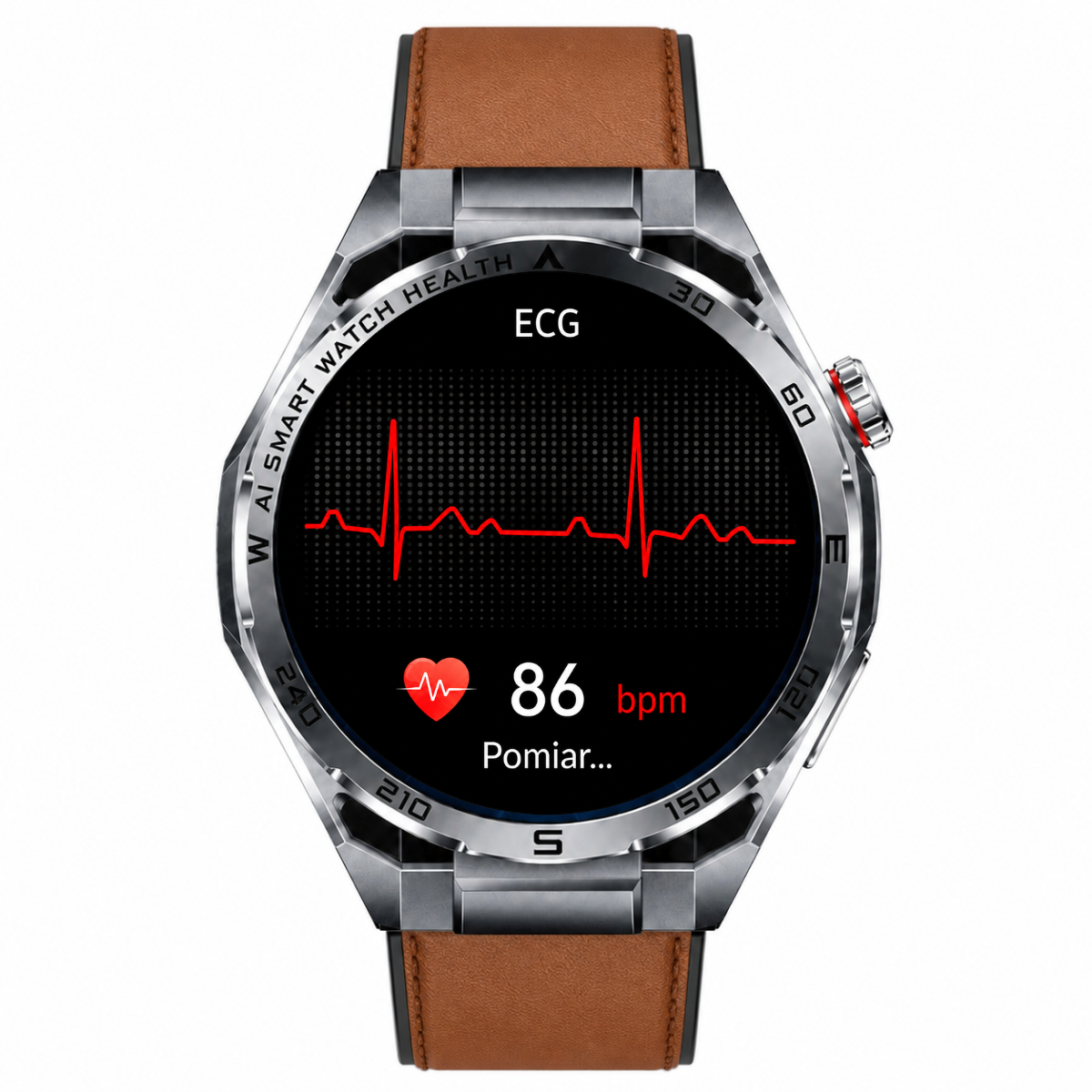 Eine elegante Smartwatch mit braunem Lederarmband zeigt ein rotes EKG und eine Pulsfrequenz von 86 bpm auf dem Display.
