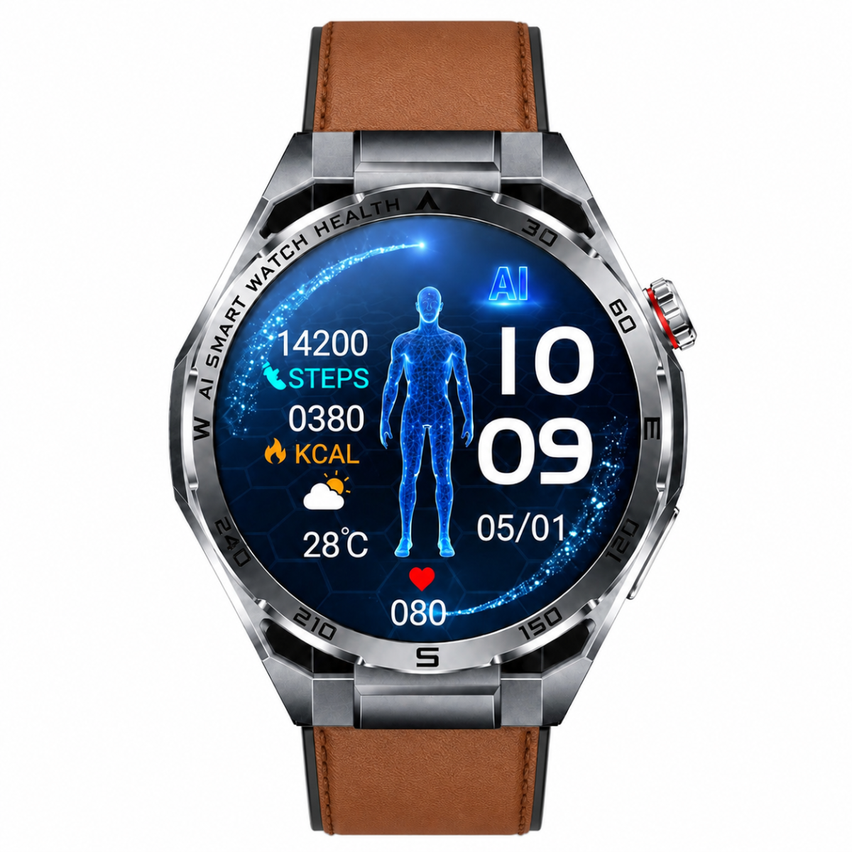 Eine Smartwatch mit braunem Lederarmband zeigt Schritte, Kalorien, Wetter und die Zeit auf dem blauen Display.