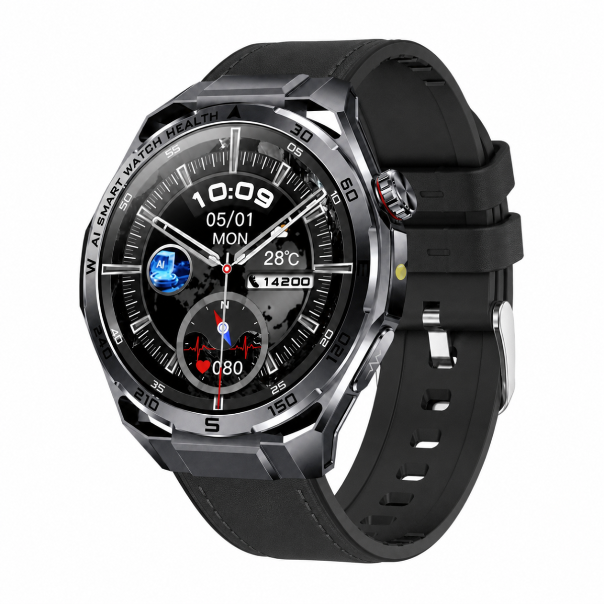 Eine schwarze Smartwatch mit digitalem Display, Metalllünette und strukturiertem schwarzem Kautschukarmband.