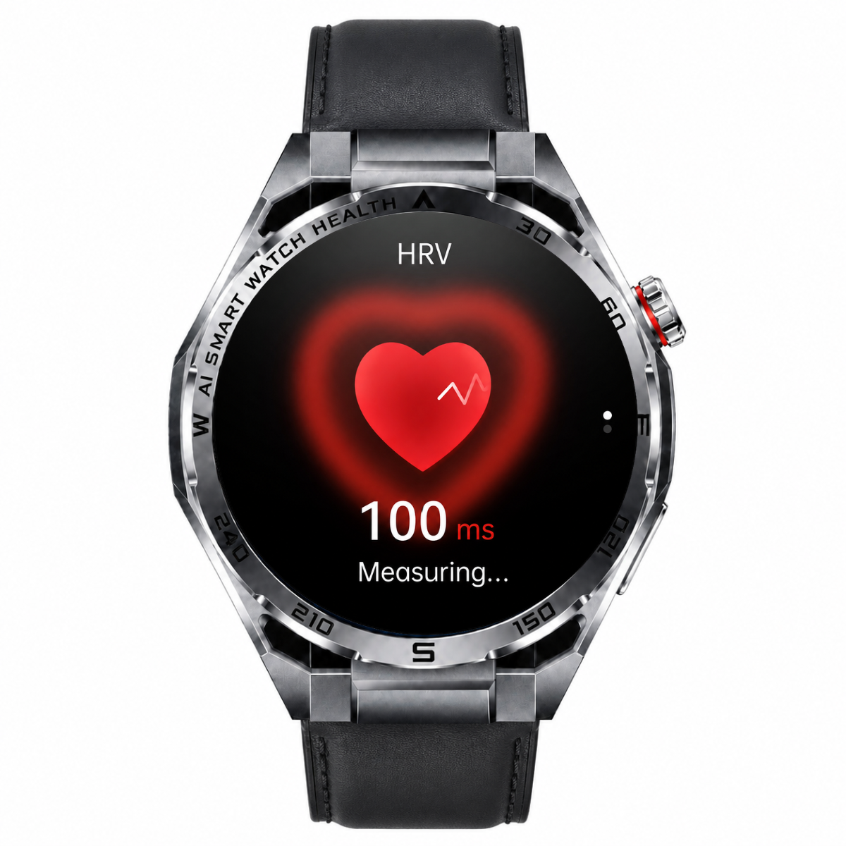 Eine Smartwatch mit silbernem Gehäuse und Lederarmband zeigt einen roten Herzfrequenzmesser mit der Inschrift HRV.