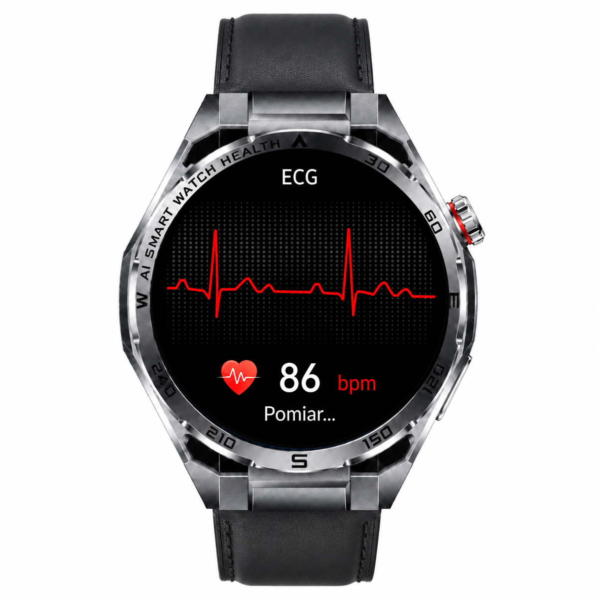 Silberne Smartwatch mit schwarzem Lederarmband und ECG-Anzeige auf dem Bildschirm.