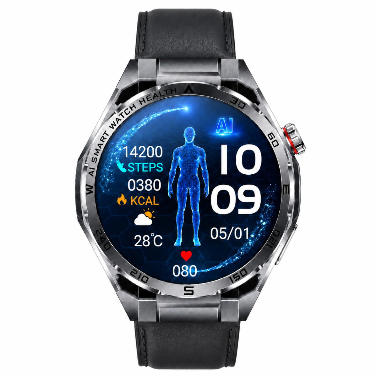 Eine elegante Smartwatch mit digitalem Zifferblatt zeigt Gesundheitsdaten wie Schritte, Kalorien und Herzfrequenz.