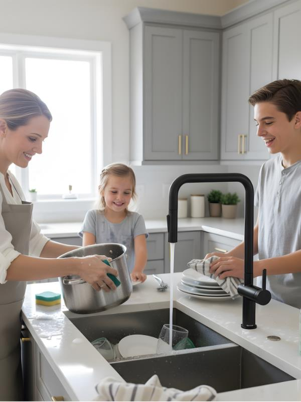 Gri dolaplı modern bir mutfakta birlikte bulaşık yıkayan bir aile.