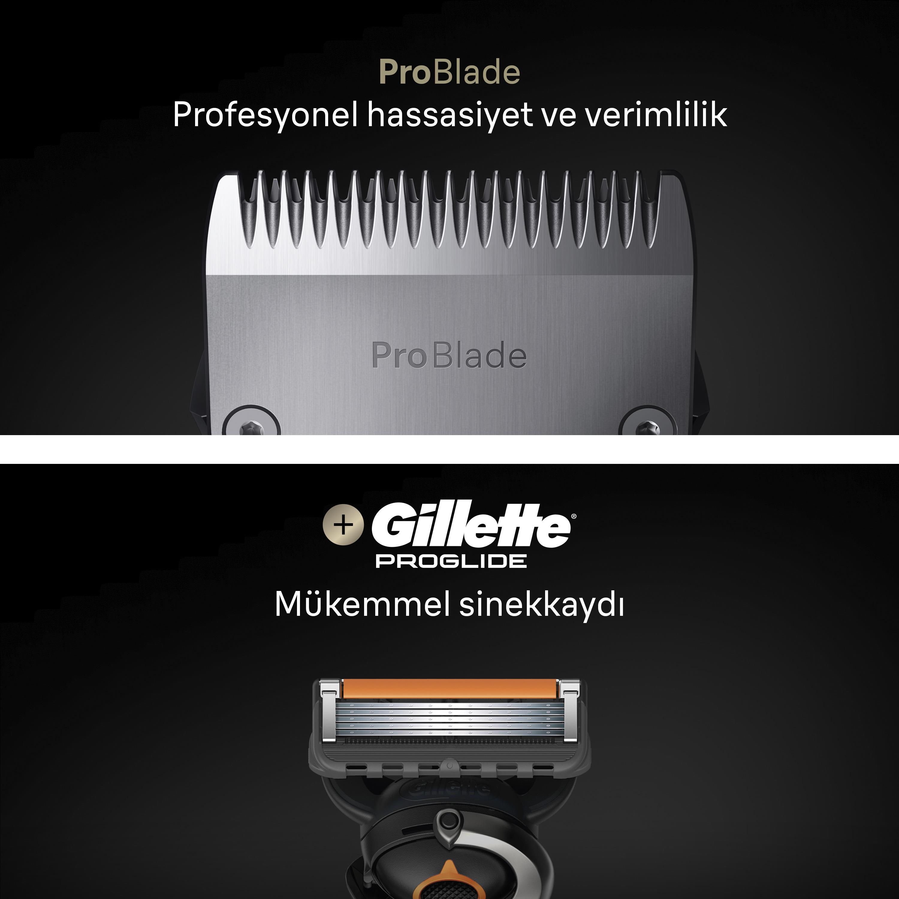 Siyah arka planda metalik bir ProBlade düzeltici başlığı ve bir Gillette ProGlide tıraş bıçağını gösteren promosyon görseli.