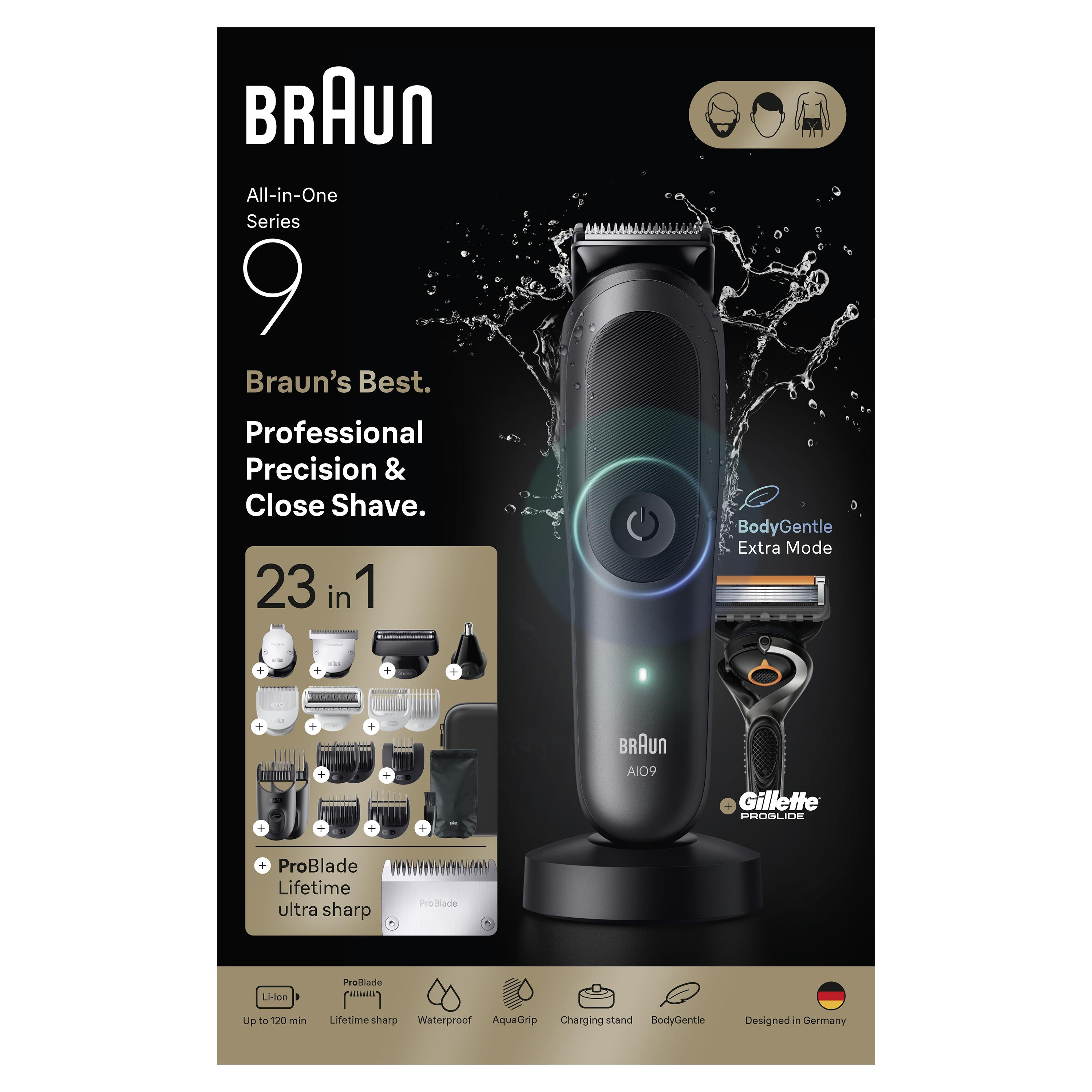 Siyah arka planda aksesuarlarıyla birlikte Braun All-in-One Series 9 düzeltici.