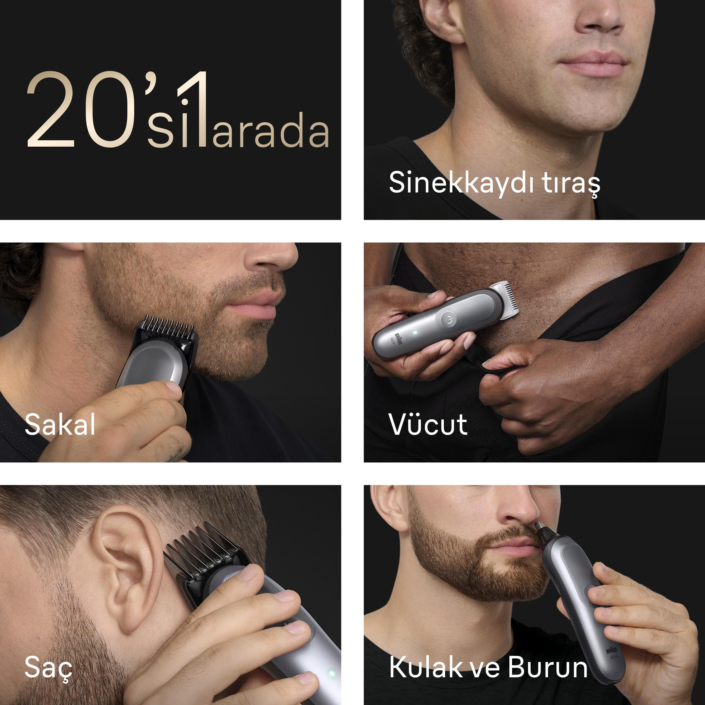 Sıfır sakal, sakal, vücut, saç ve kulak burun tıkama özelliklerini gösteren bir kolaj.