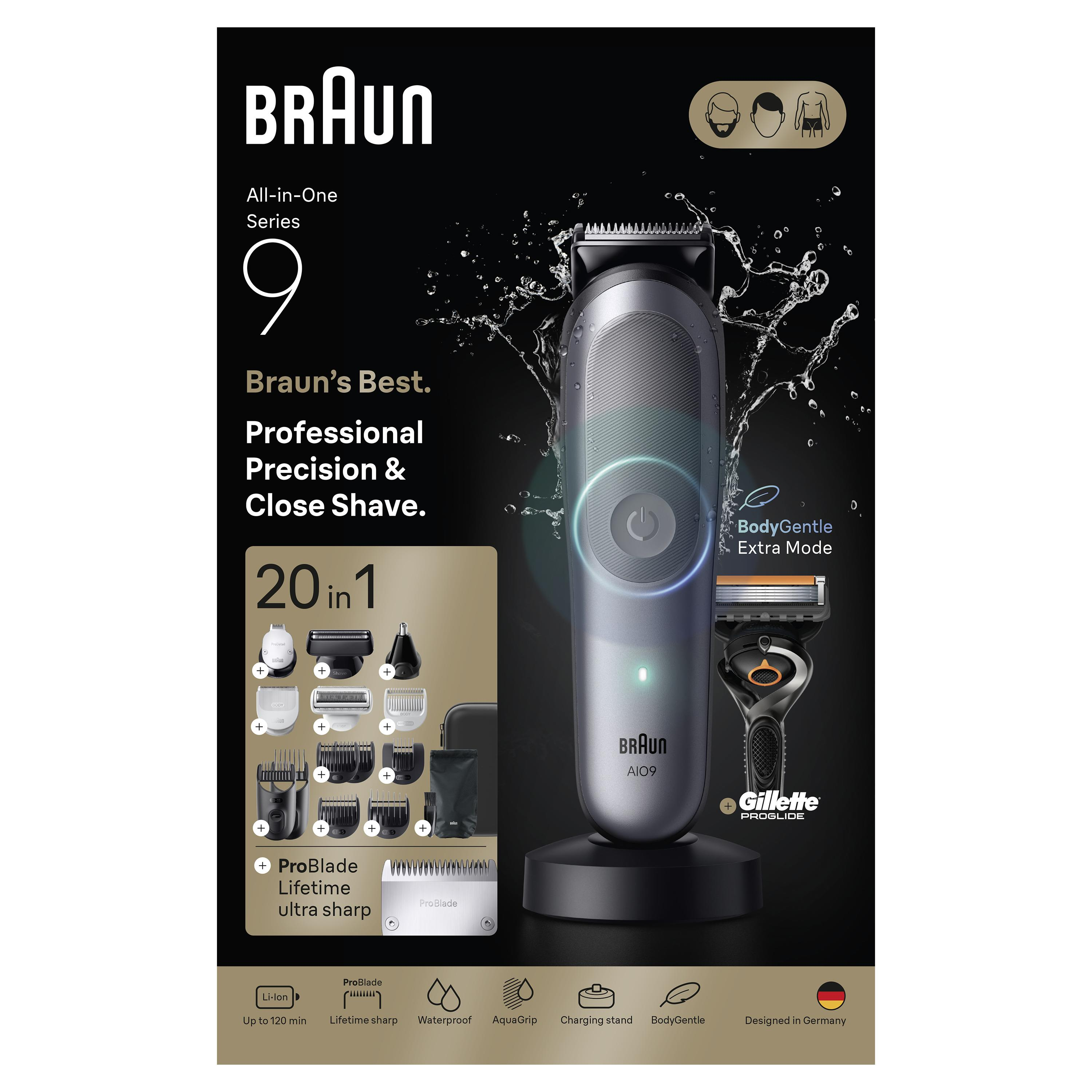 Siyah arka planda su sıçramaları, ataçmanlar ve Gillette tıraş bıçağı ile Braun All-in-One Series 9 düzeltici.