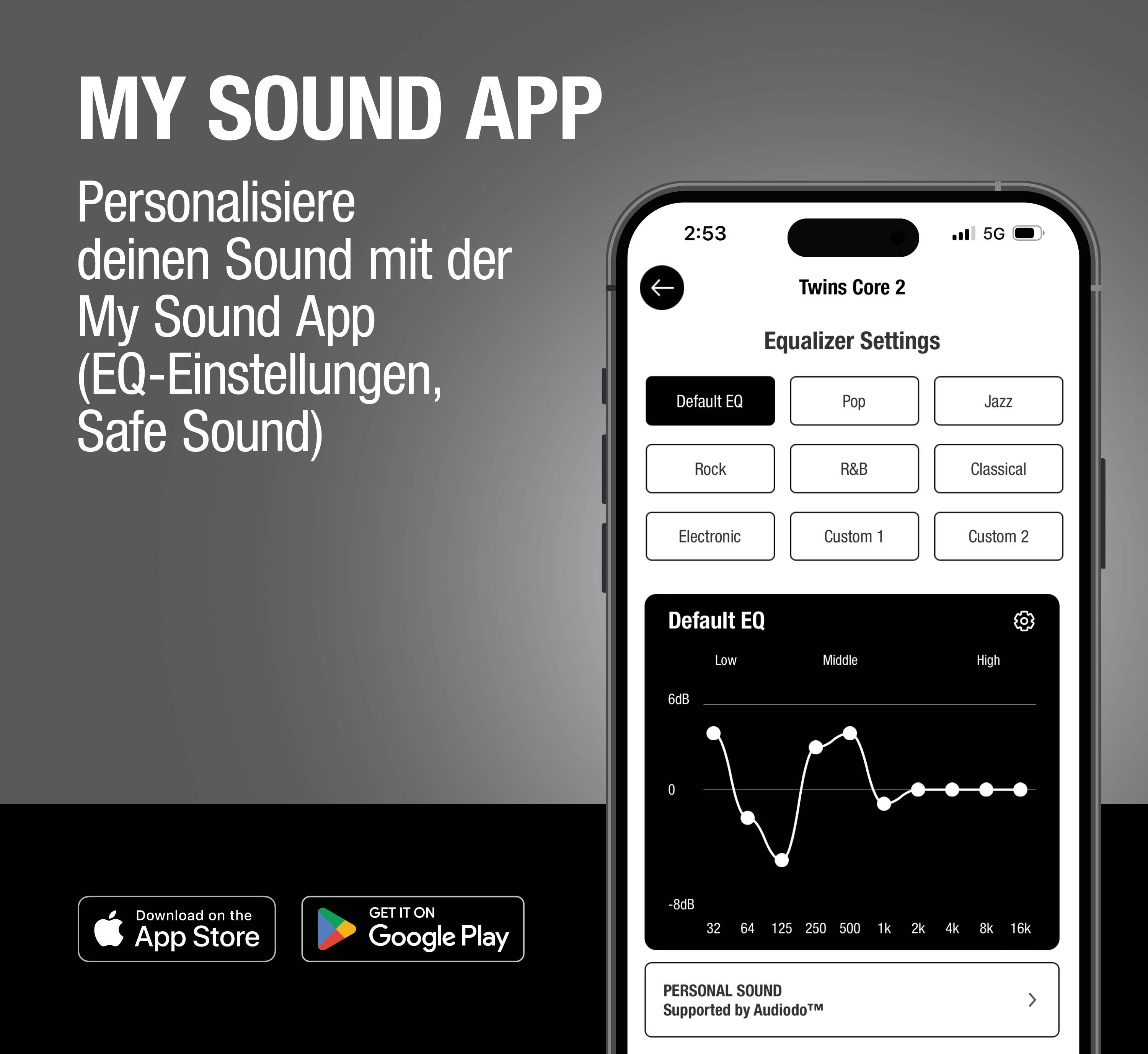 Smartphone-Bildschirm zeigt Equalizer-Einstellungen der My Sound App mit Musikgenre-Optionen.