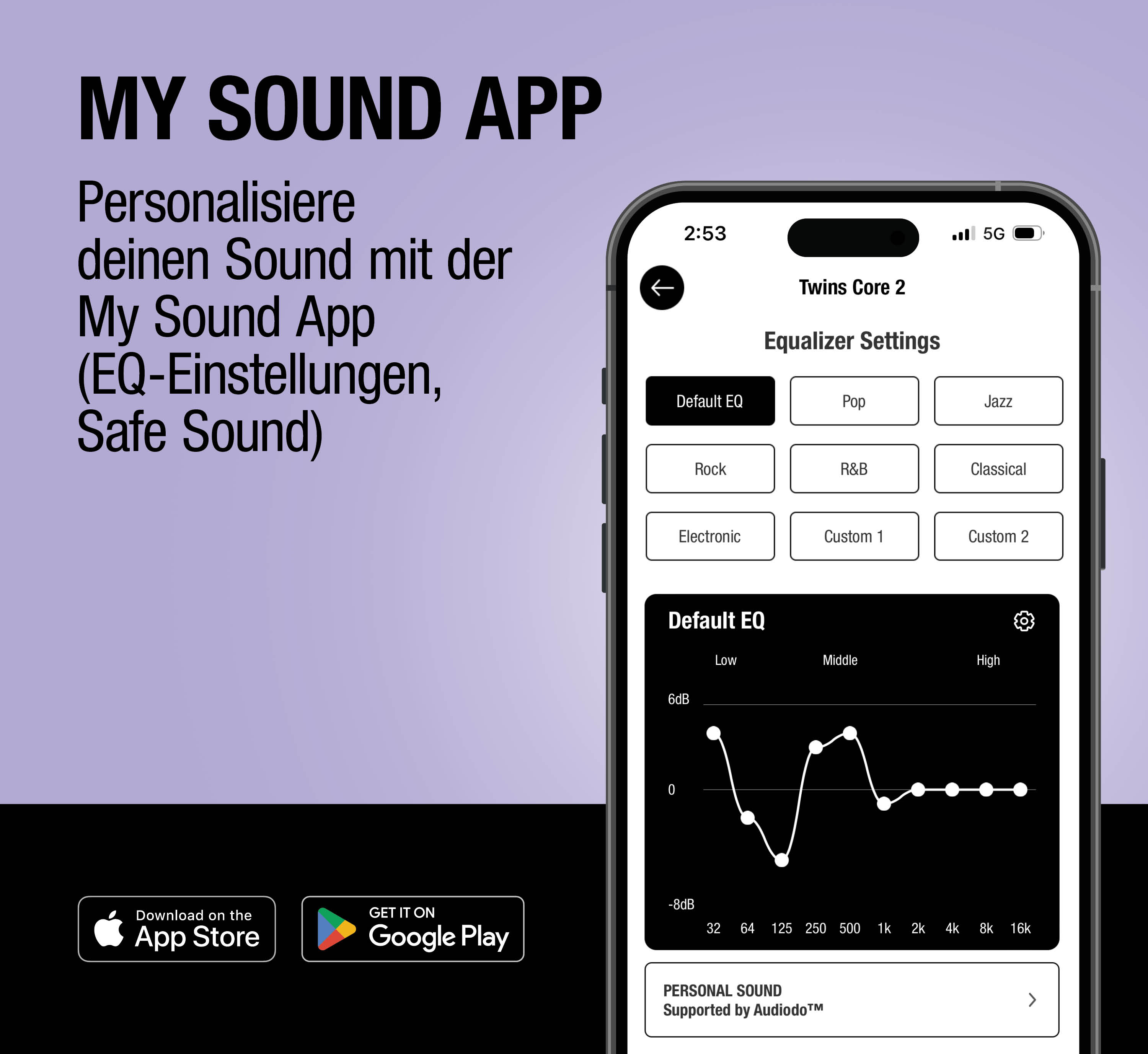 Smartphone mit My Sound App Equalizer-Einstellungen auf violettem Hintergrund, App Store und Google Play Logos.