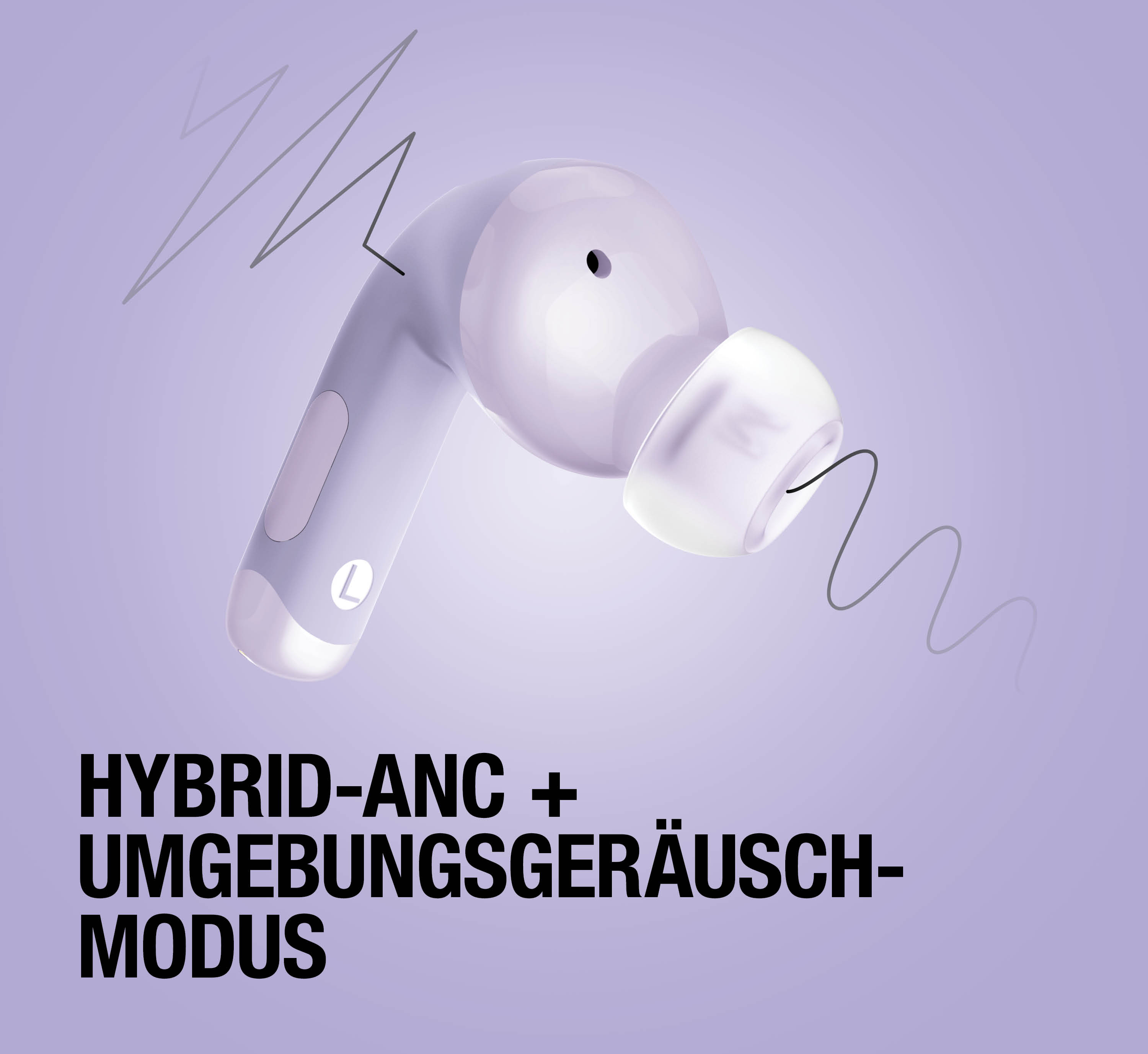 Ein einzelner lilafarbener In-Ear-Kopfhörer vor einem lilafarbenen Hintergrund mit Text.