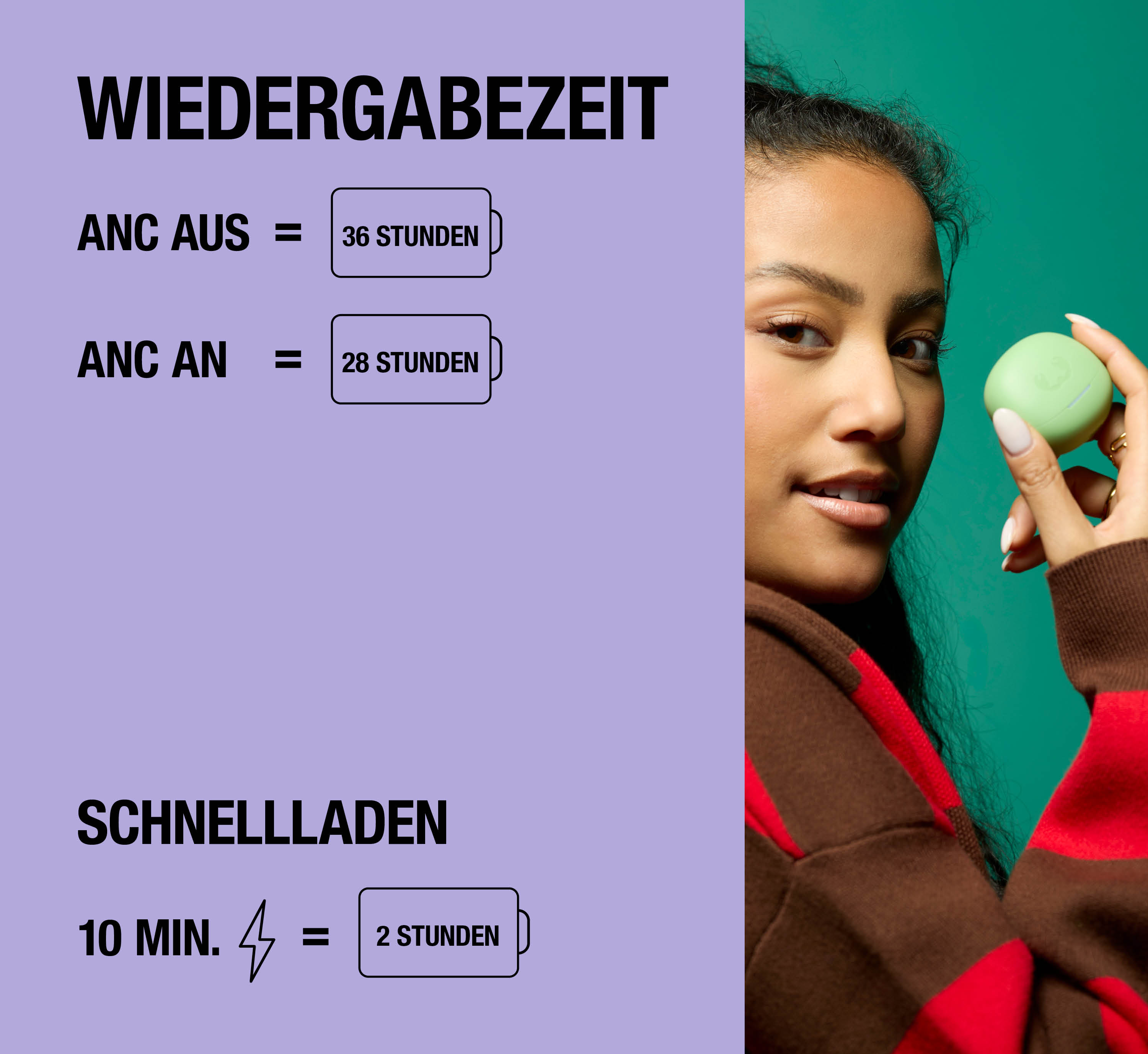 Wiedergabezeit und Schnellladen Details neben einer Frau mit Ohrstöpsel.