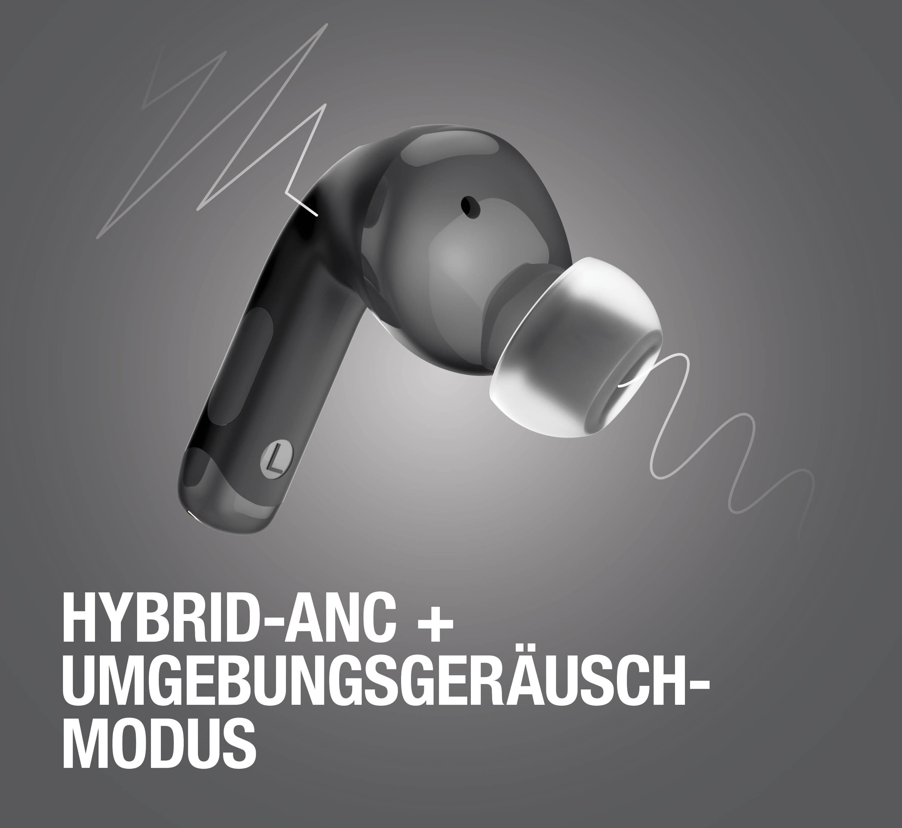 Grauer Hintergrund mit schwarzem In-Ear-Kopfhörer, weißen Schallwellen und Text Hybrid-ANC-Modus.