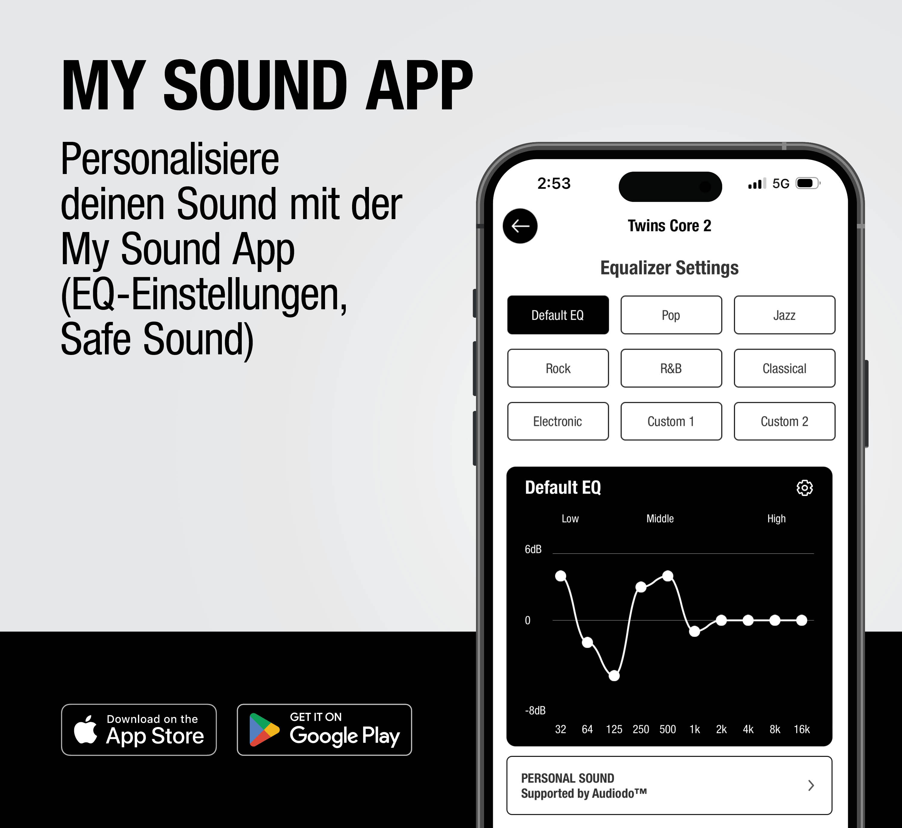 Smartphone zeigt die My Sound App mit Equalizer-Einstellungen und Download-Links.